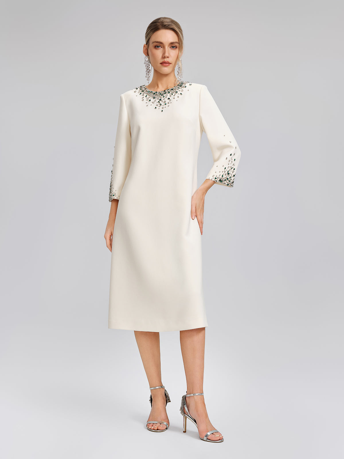 Hand-Beaded Crystal Padded-Shoulder H-Line Dress