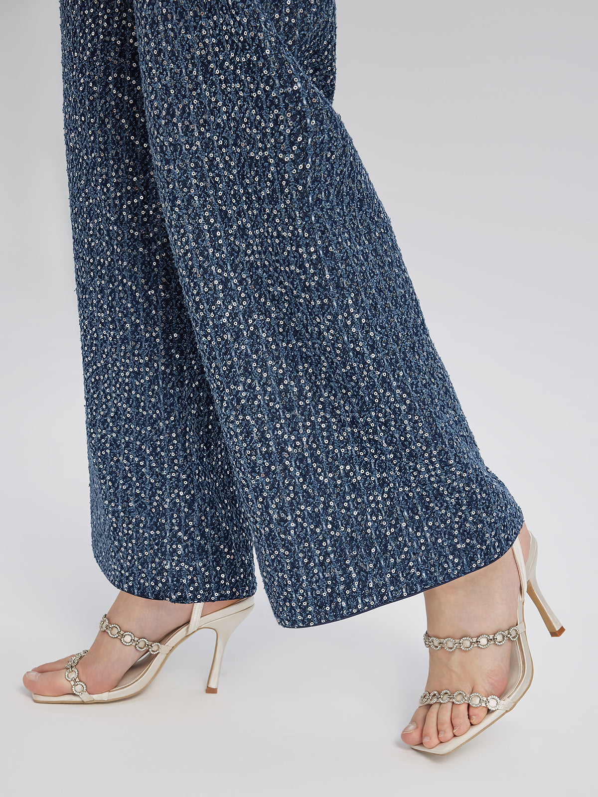 Sequined Denim-Look Tweed Hand-Beaded Pants