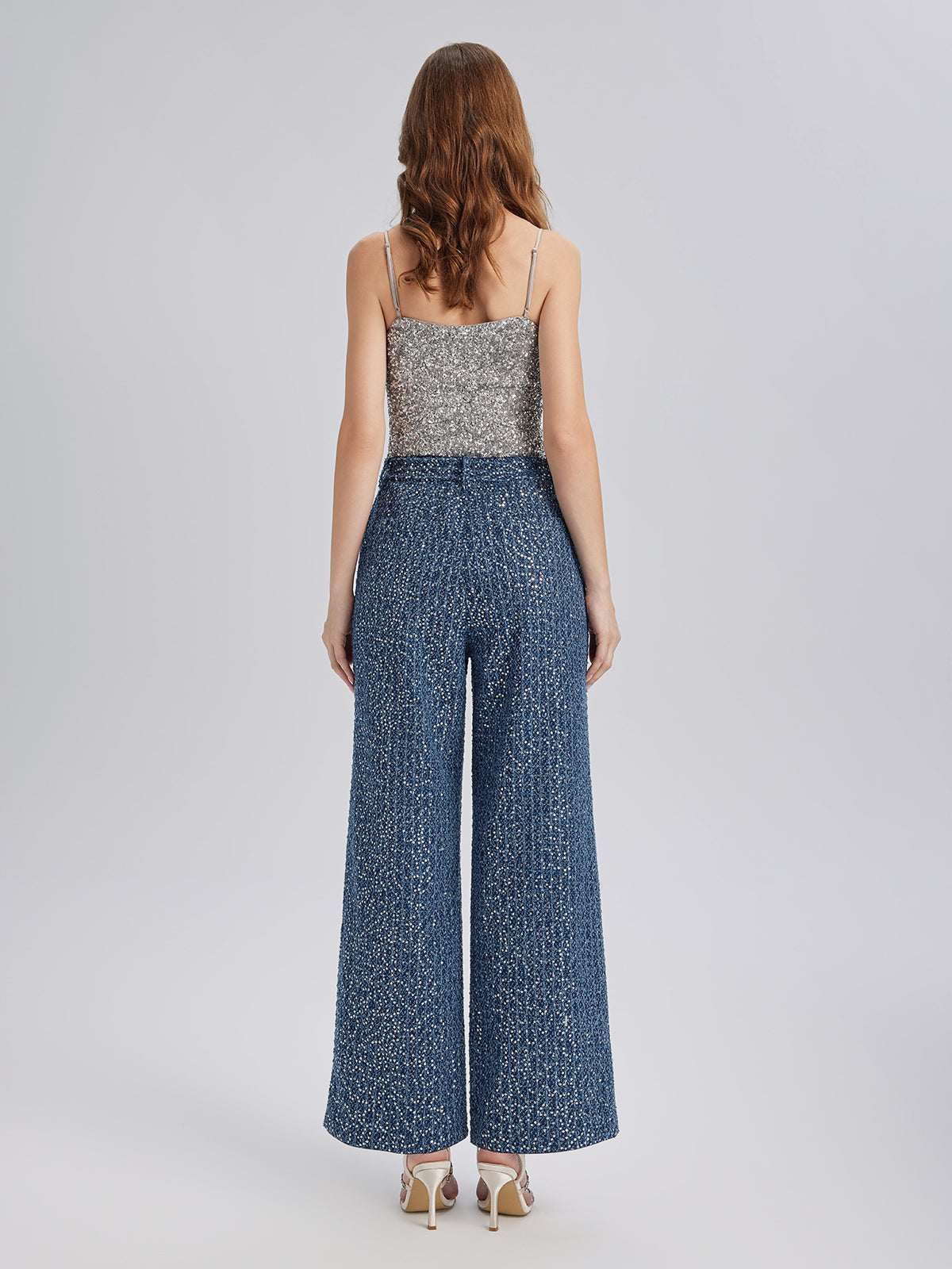 Sequined Denim-Look Tweed Hand-Beaded Pants