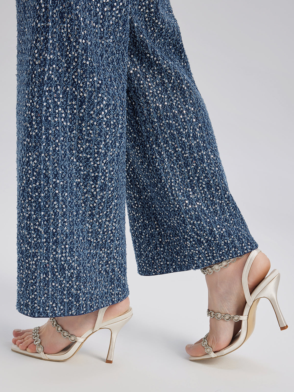 Sequined Denim-Look Tweed Hand-Beaded Pants