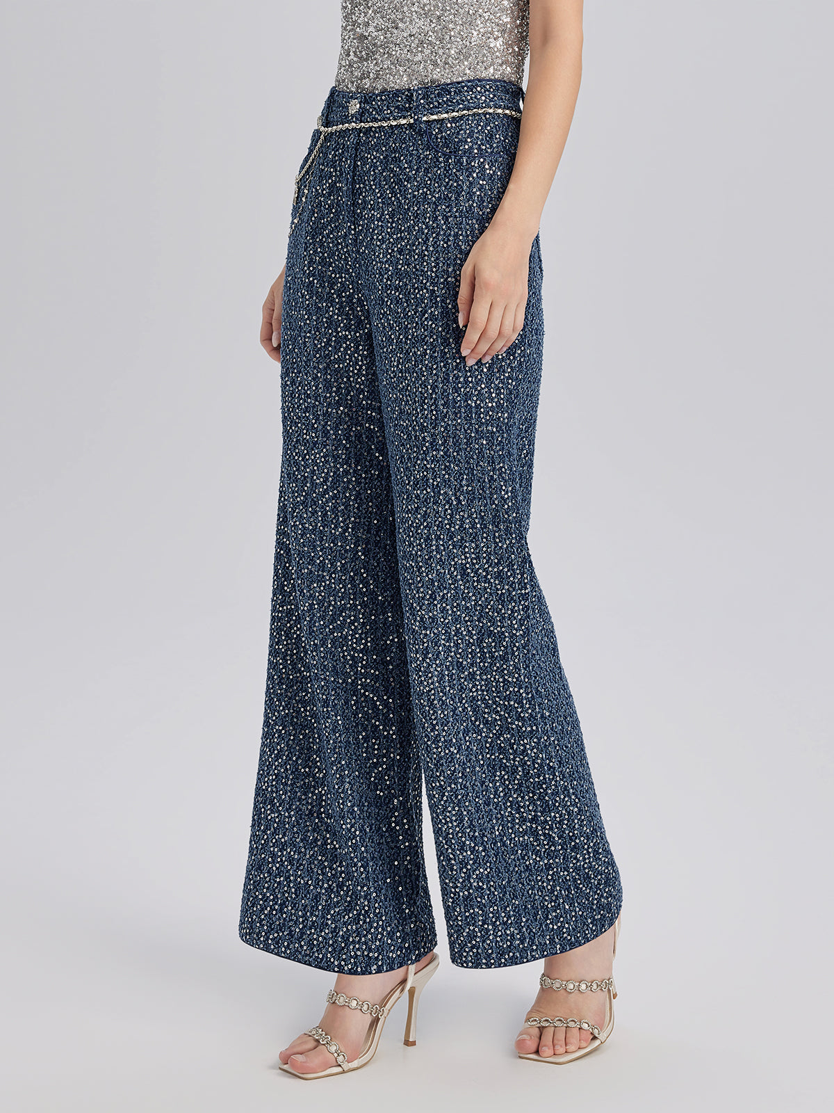 Sequined Denim-Look Tweed Hand-Beaded Pants
