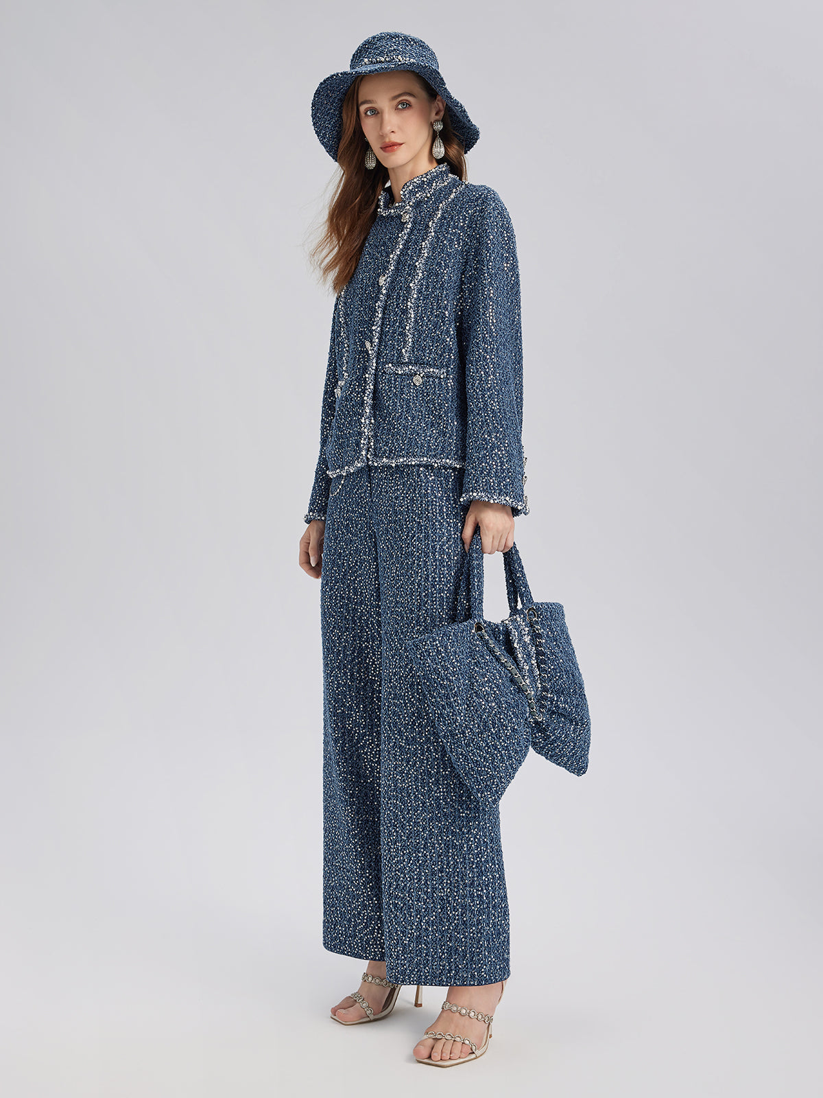 Hand-Beaded Sequin Tweed Shoulder Bag