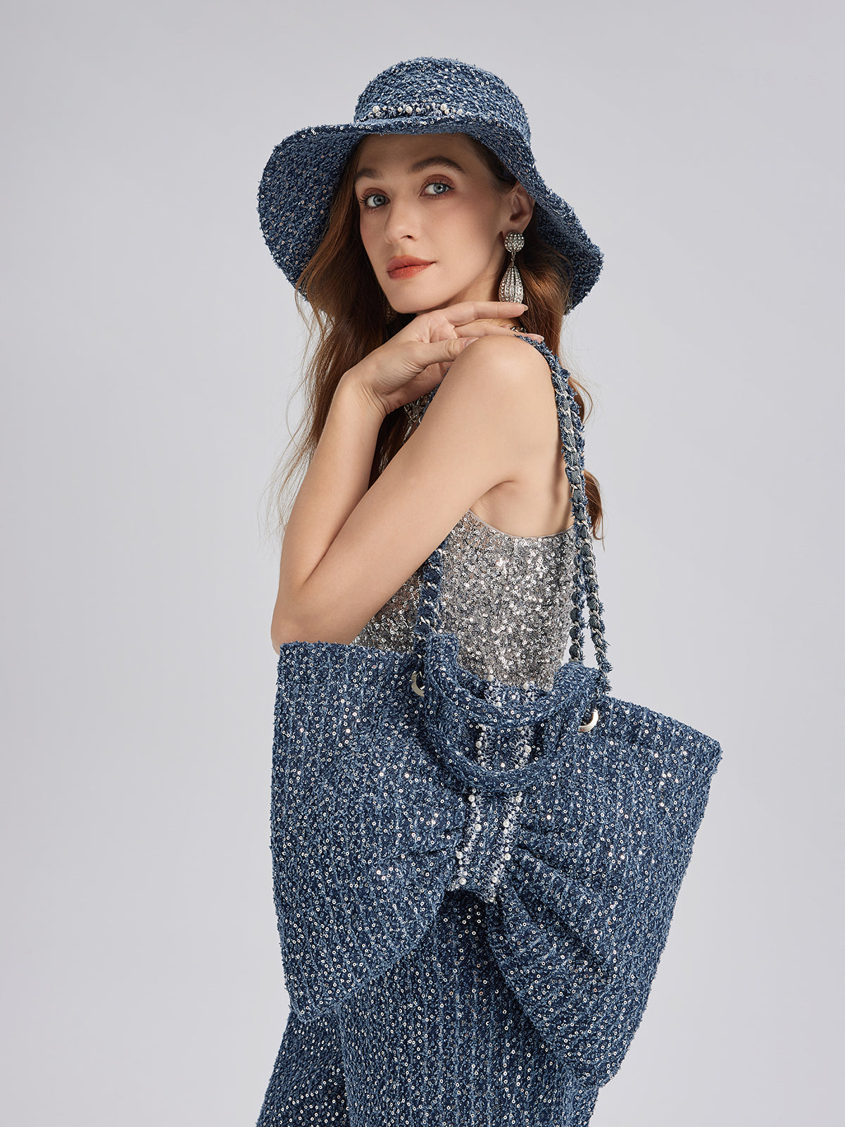 Hand-Beaded Sequin Tweed Beaded Hat