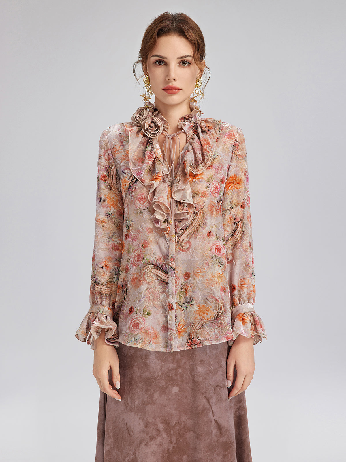 Silk Velvet Devoré Rose Pink Ruffle Blouse
