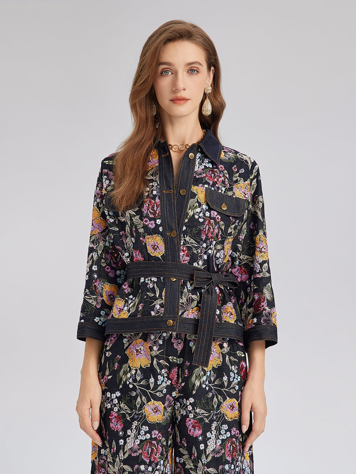 Sequin-Embroidered Floral Denim Jacket