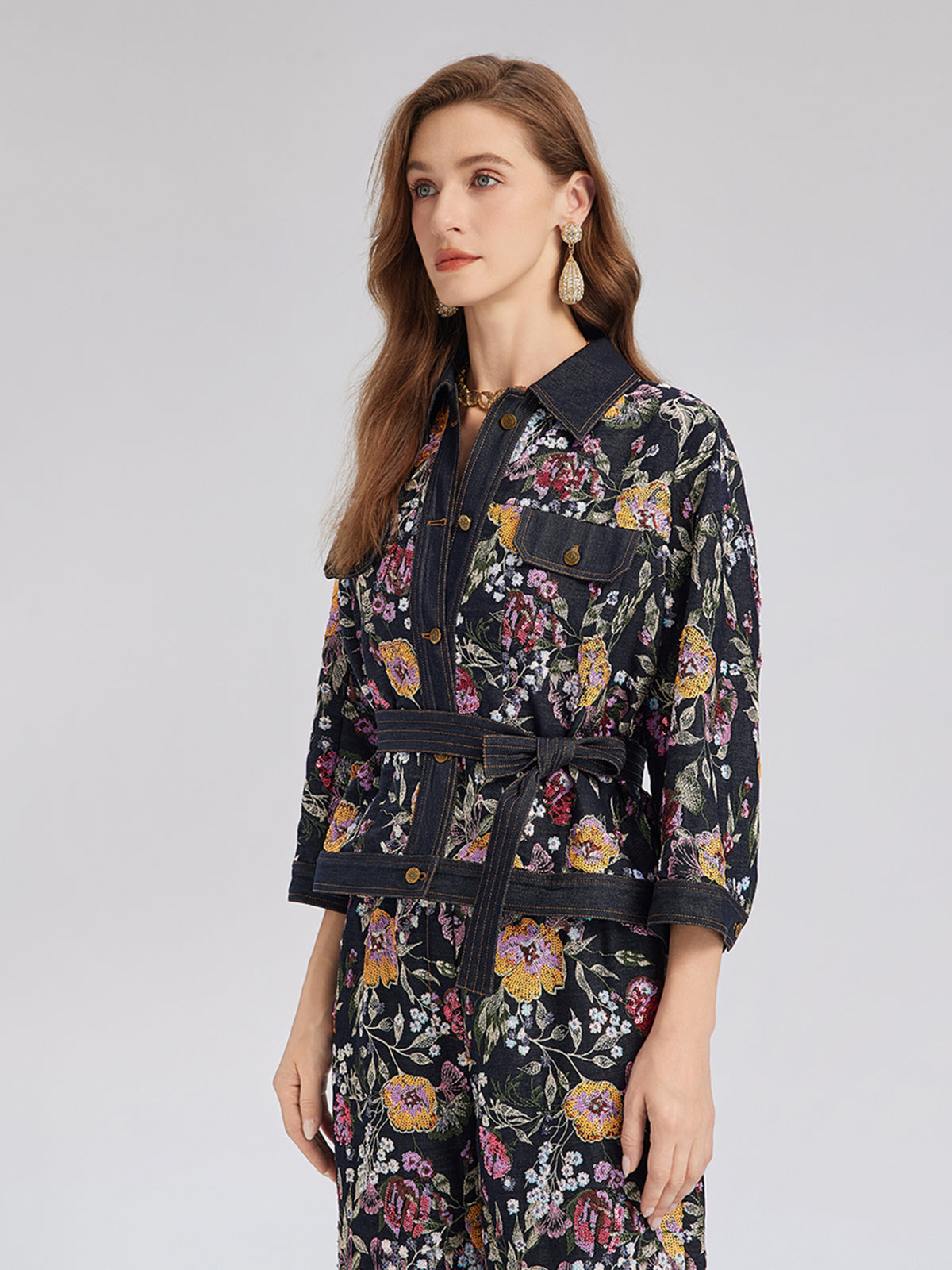 Sequin-Embroidered Floral Denim Jacket