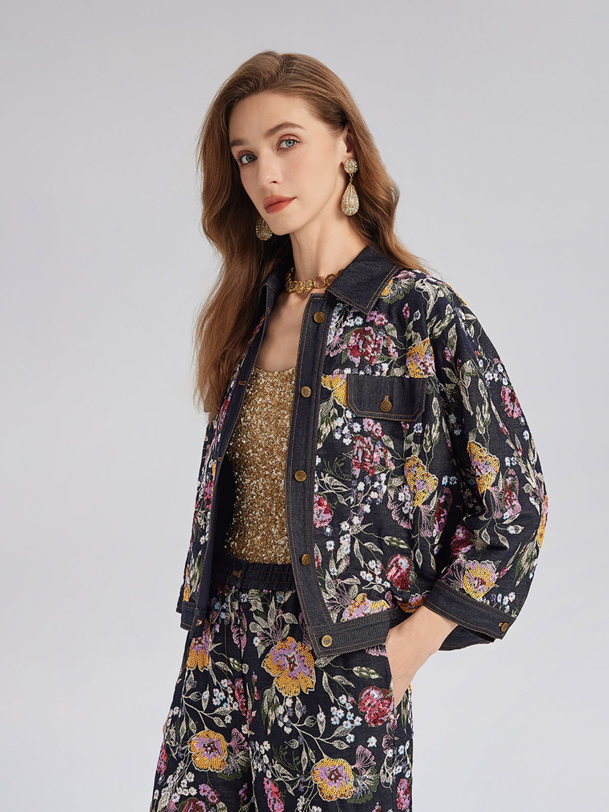 Sequin-Embroidered Floral Denim Jacket