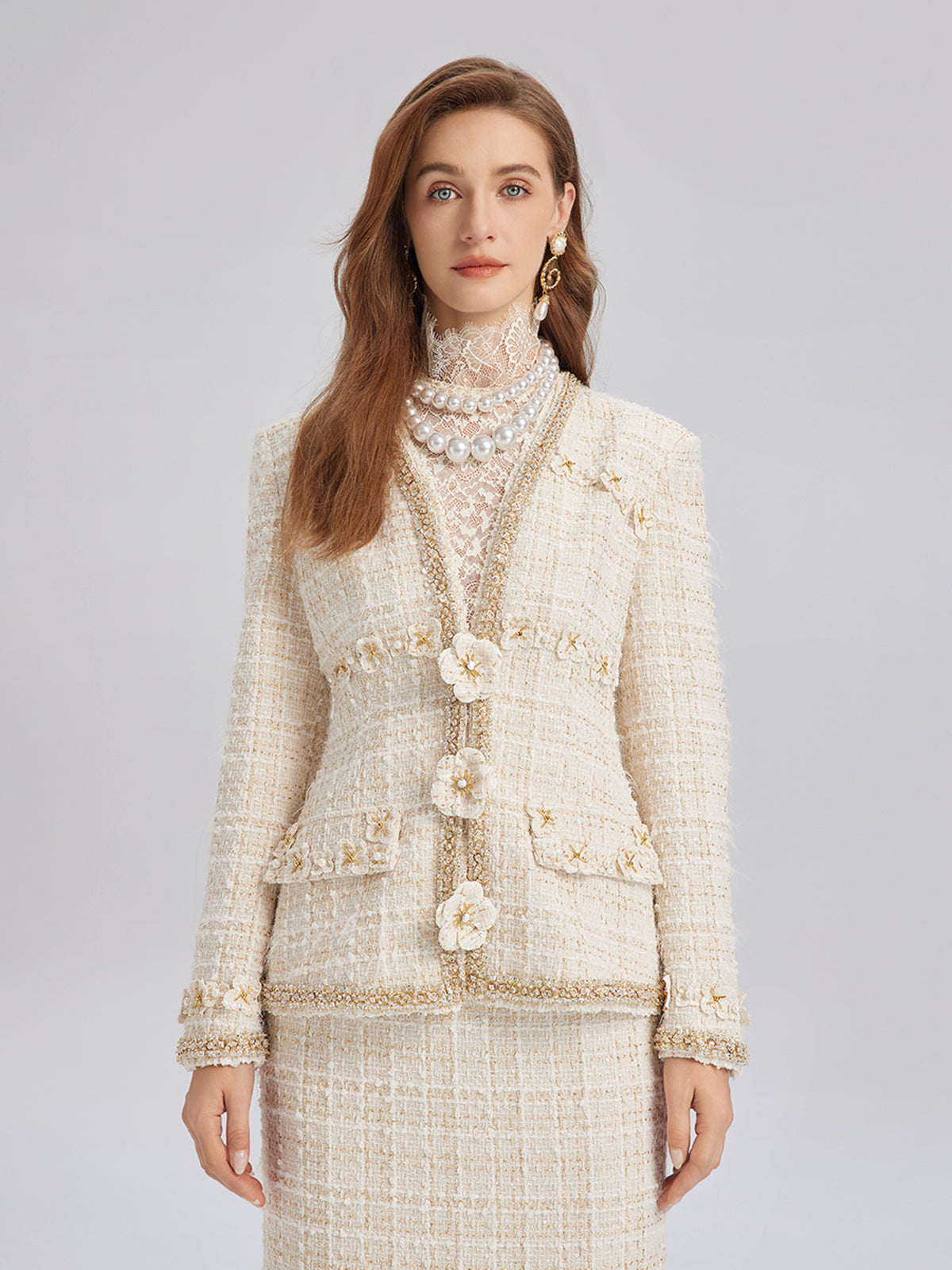 Two-Tone Check Tweed Hand-Beaded Floral Jacket (Matching Scrunchie Included)