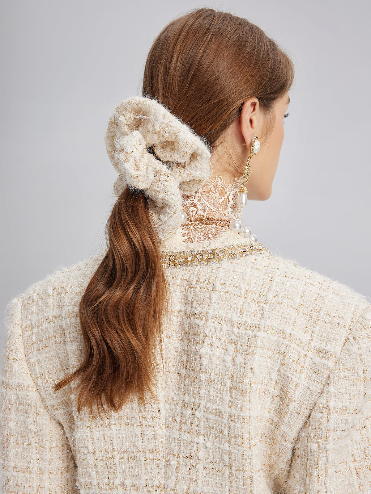 Two-Tone Check Tweed Hand-Beaded Floral Jacket (Matching Scrunchie Included)