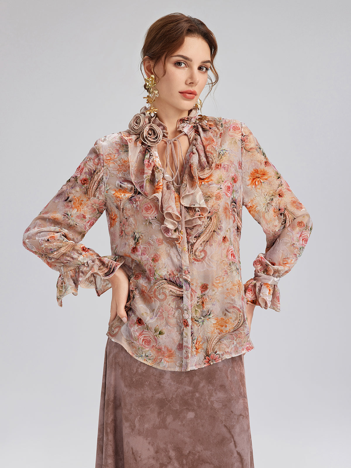 Silk Velvet Devoré Rose Pink Ruffle Blouse