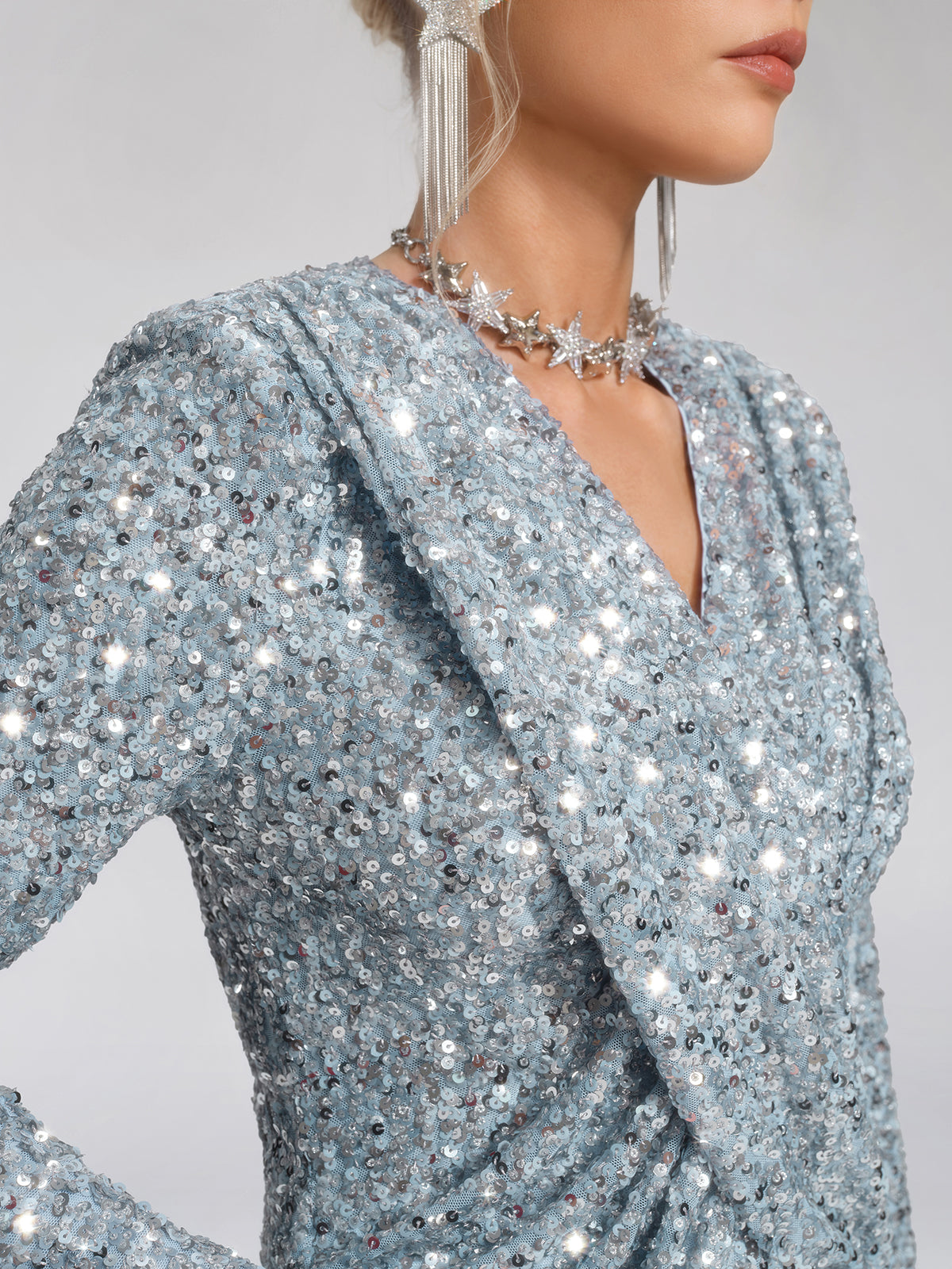 Draped V-Neck Sequin Sculpted Top