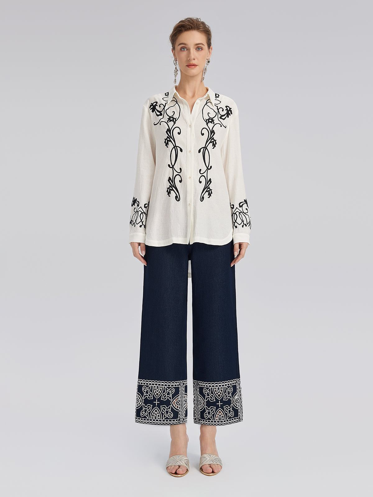 Cutout Embroidered Cotton Straight-Leg Pants