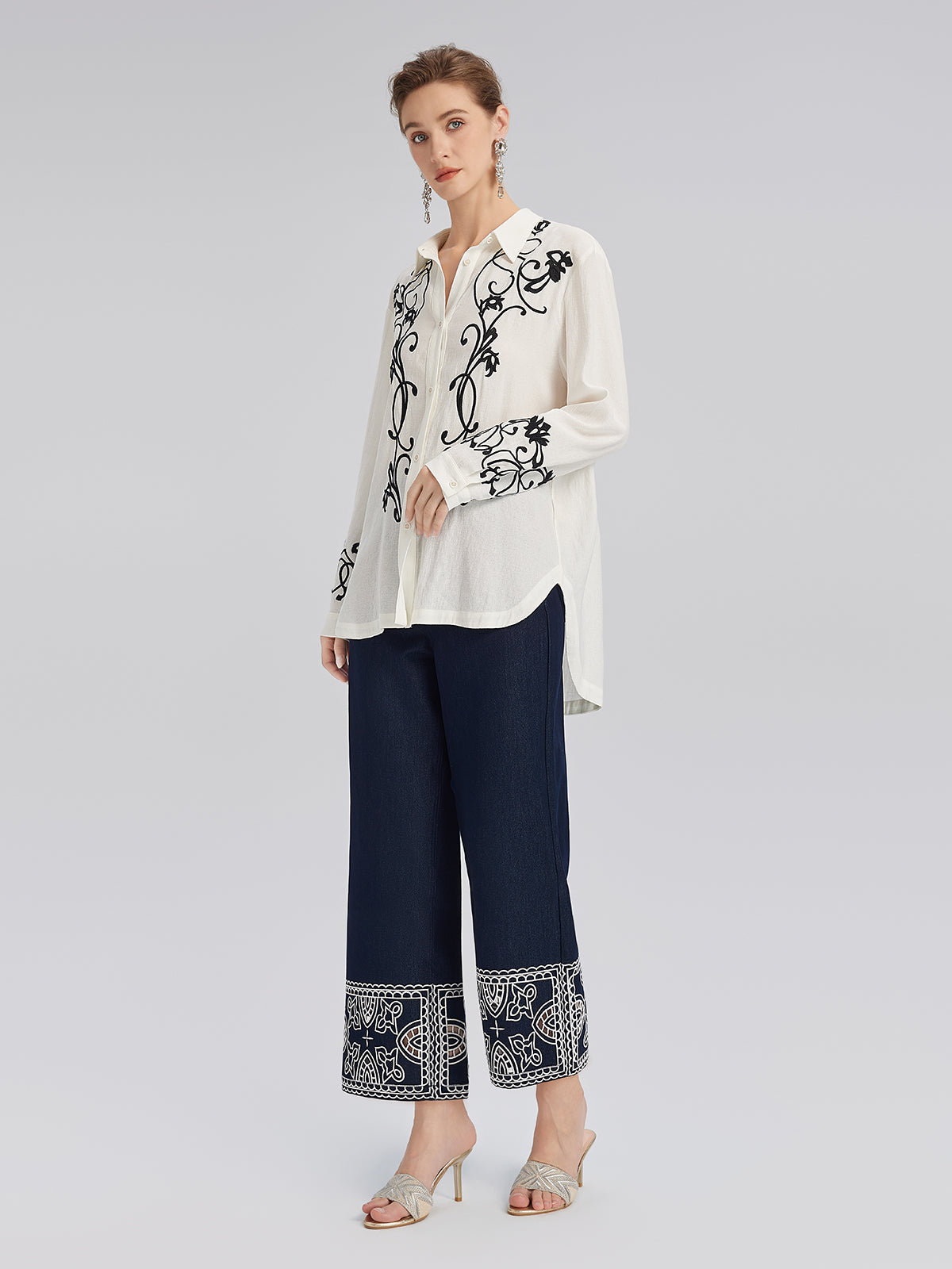 Cutout Embroidered Cotton Straight-Leg Pants