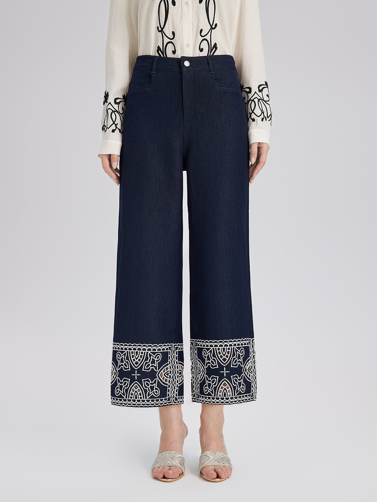 Cutout Embroidered Cotton Straight-Leg Pants