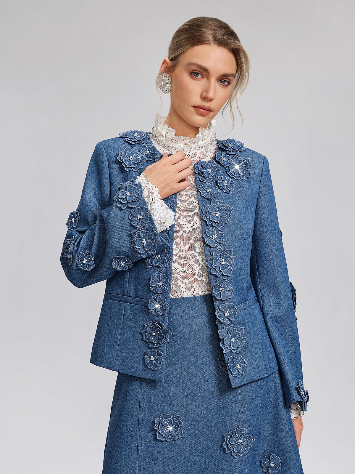 3D Floral Hand-Beaded Pearl Rhinestone Jacket