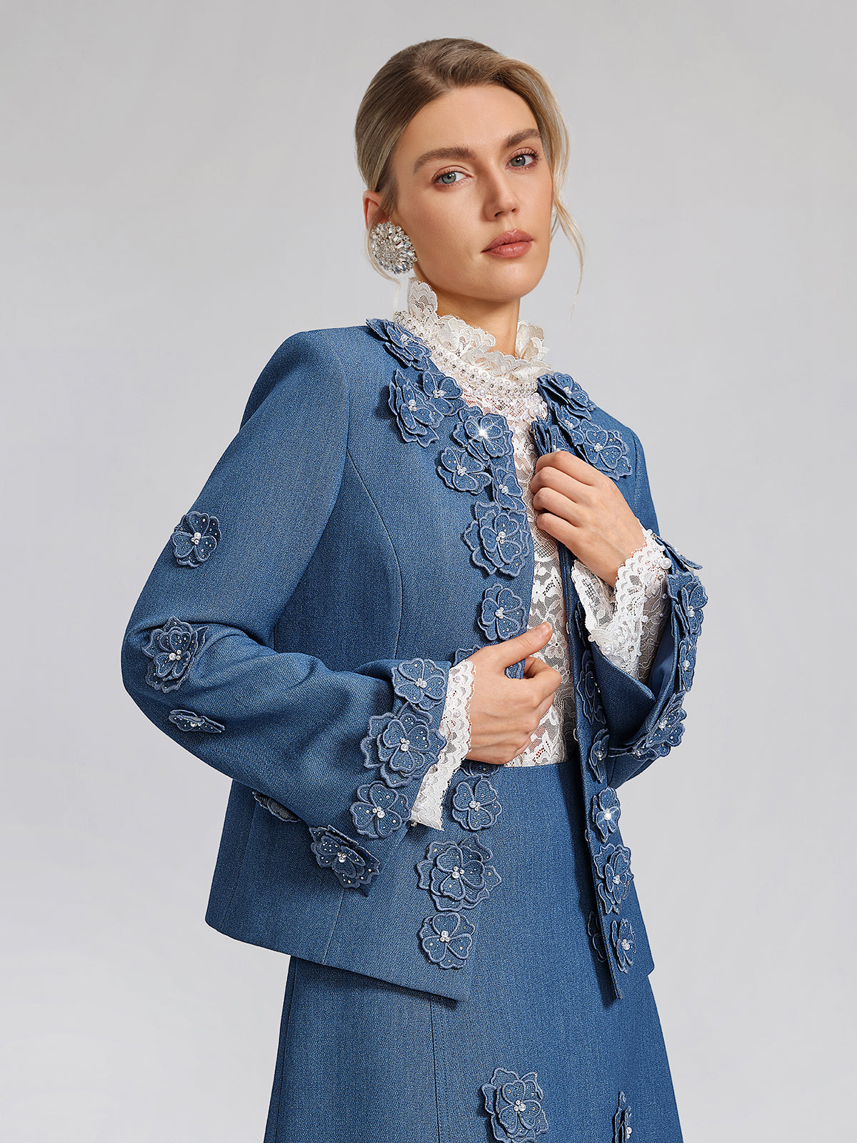 3D Floral Hand-Beaded Pearl Rhinestone Jacket