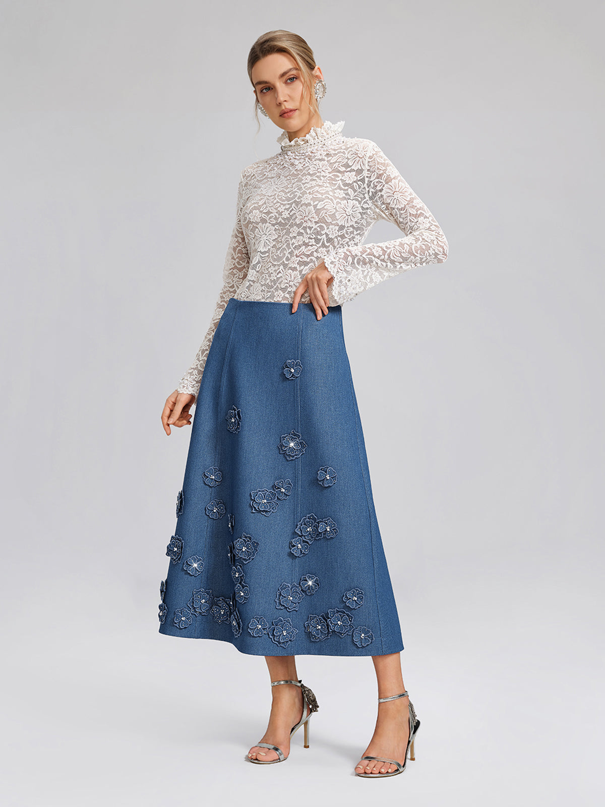 3D Floral Hand-Beaded Pearl Rhinestone Skirt