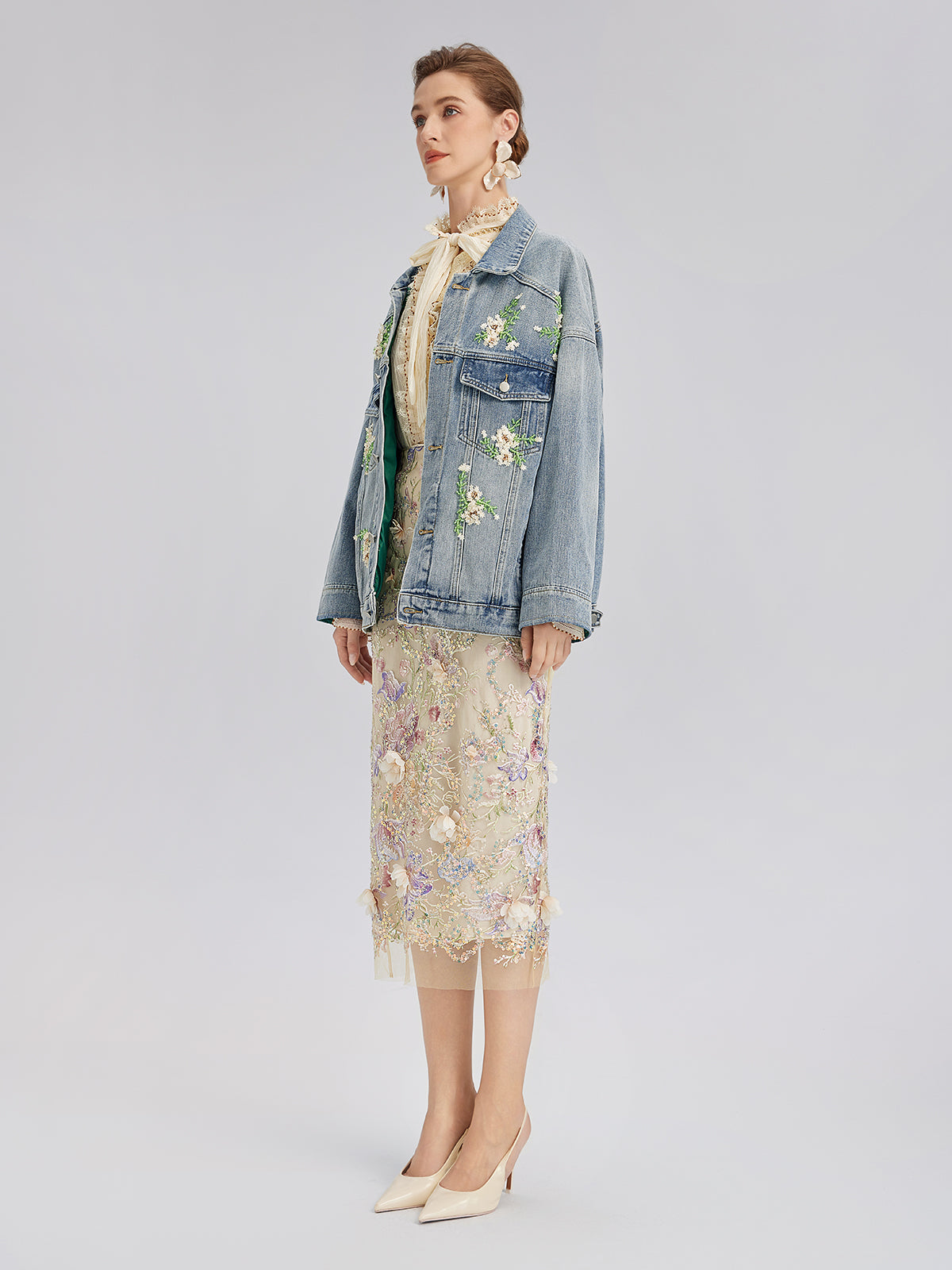 Hand-Beaded Washed Denim Jacket