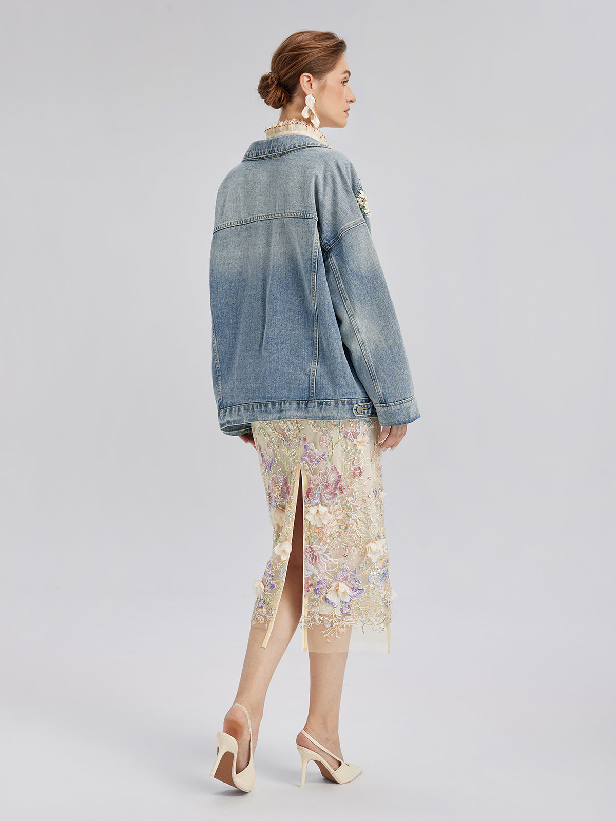 Hand-Beaded Washed Denim Jacket