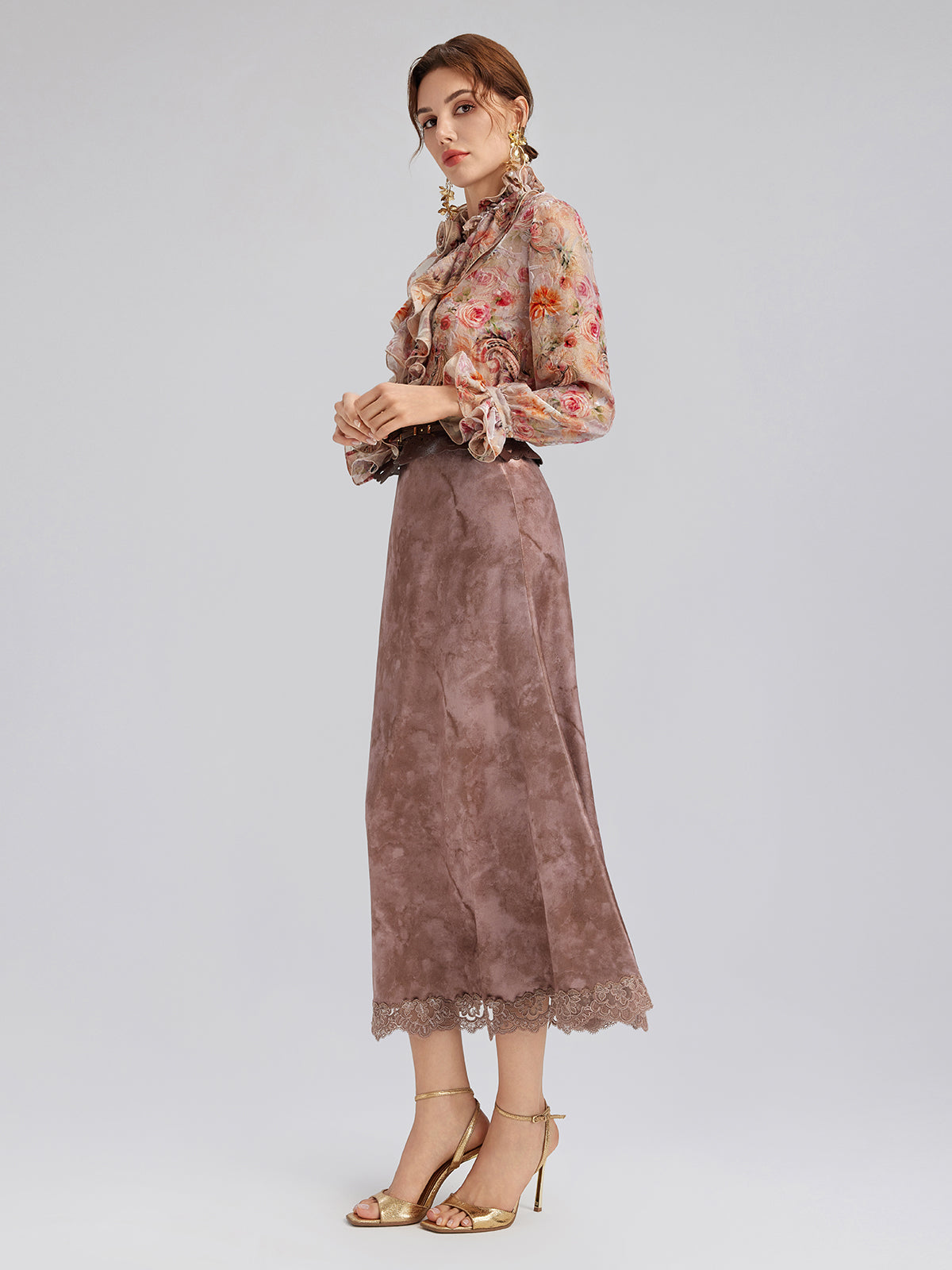 Silk Velvet Devoré Rose Pink Ruffle Blouse