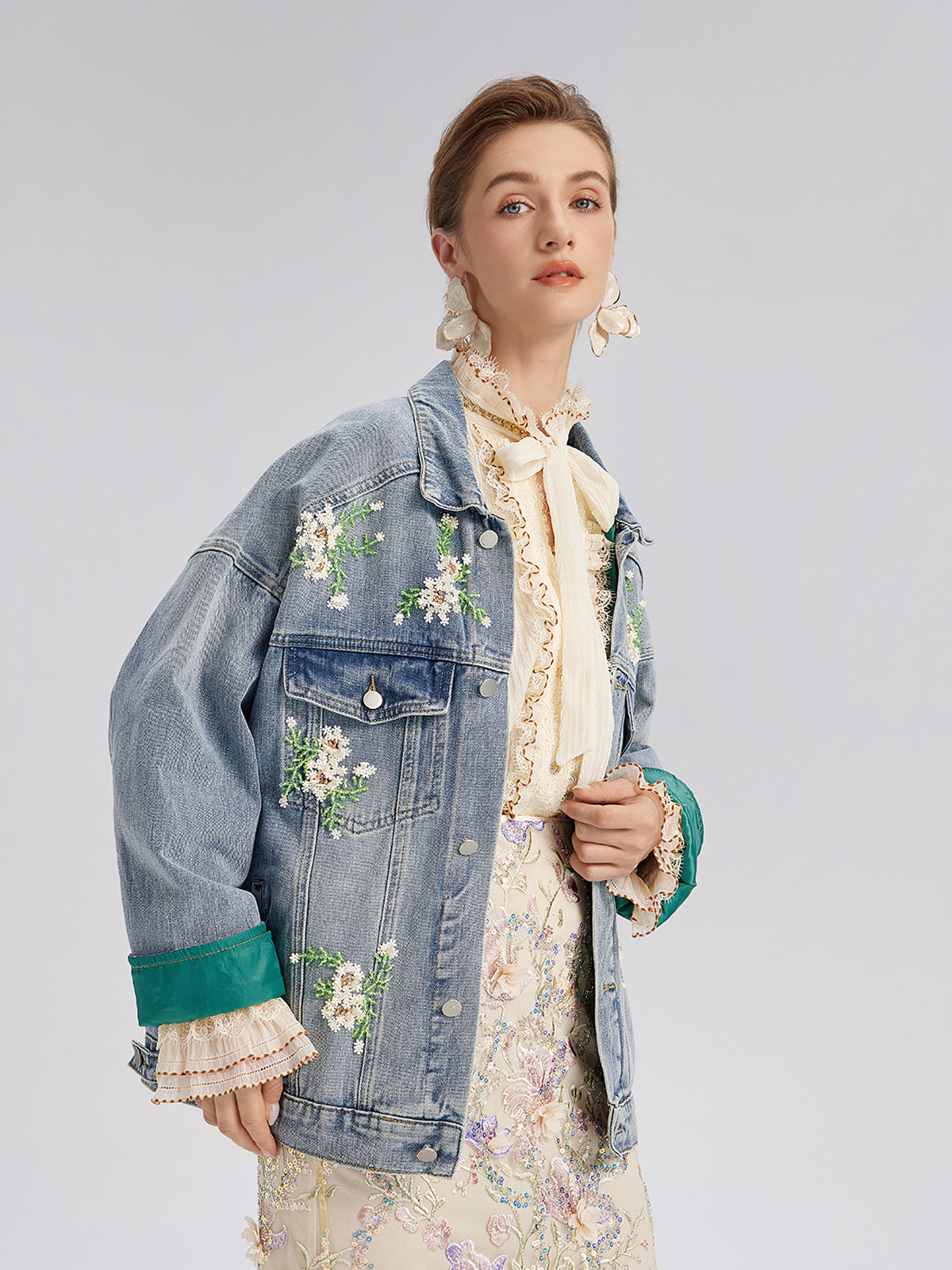 Hand-Beaded Washed Denim Jacket