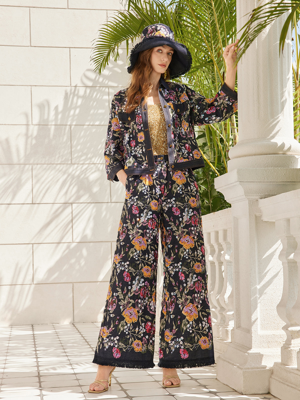 Sequin-Embroidered Floral Denim Jacket