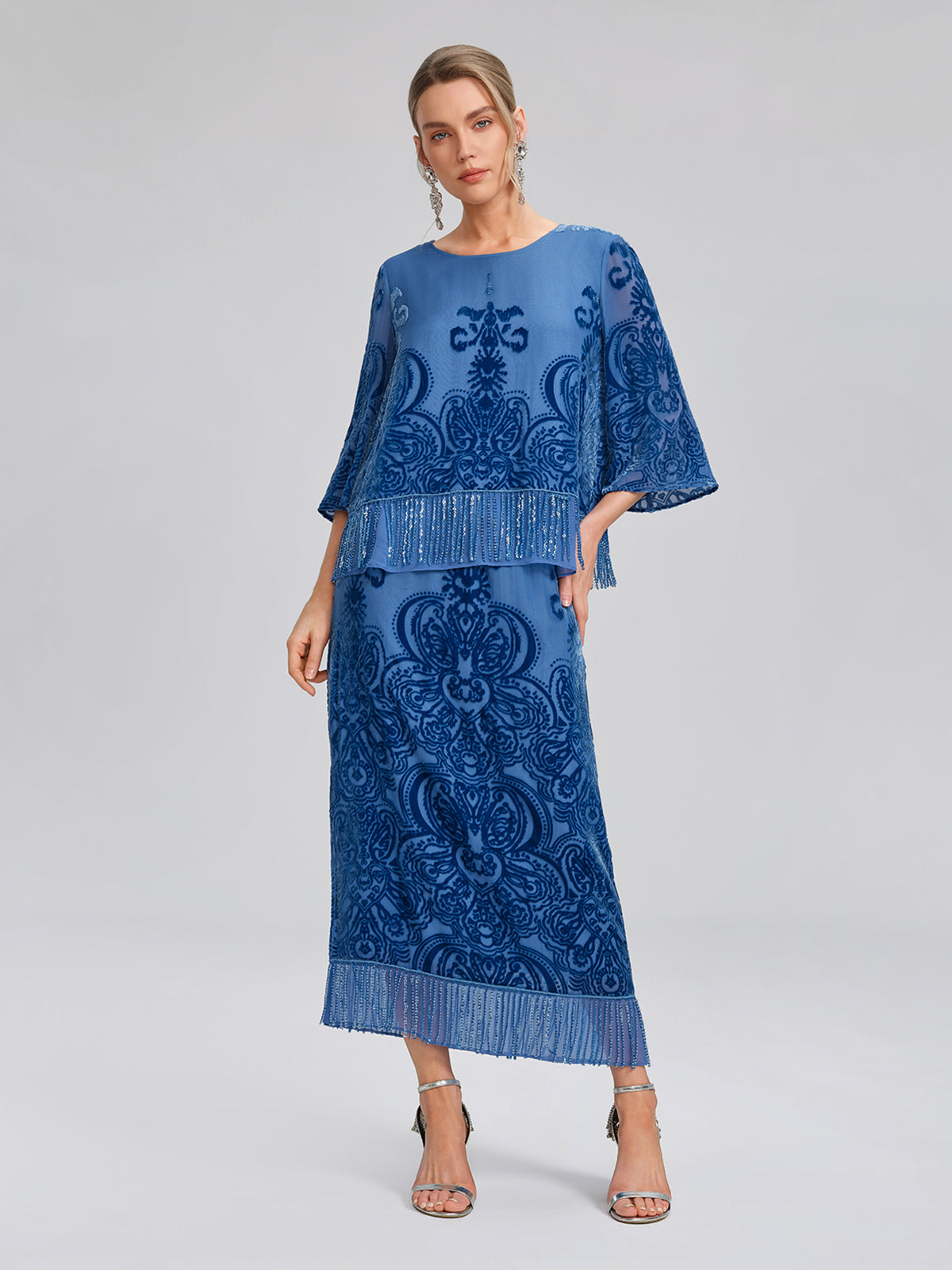 Silk Velvet Burnout Fringe Beaded Top