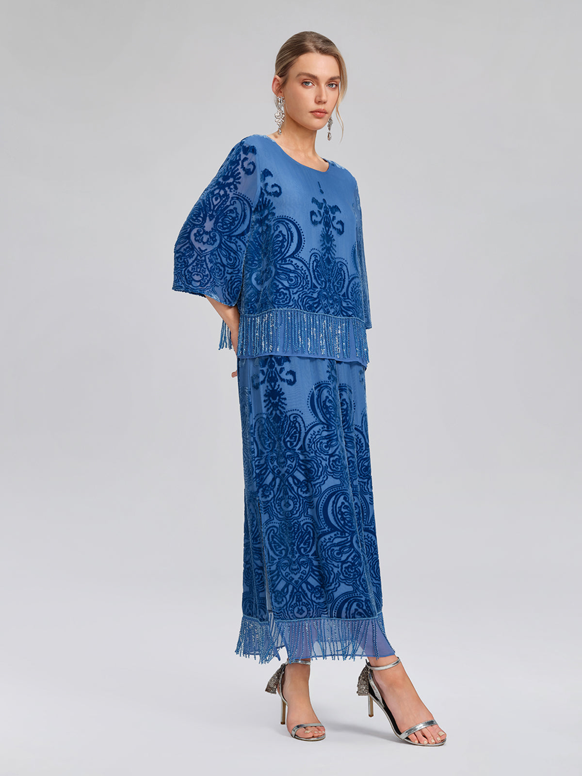 Silk Velvet Burnout Fringe Beaded Top