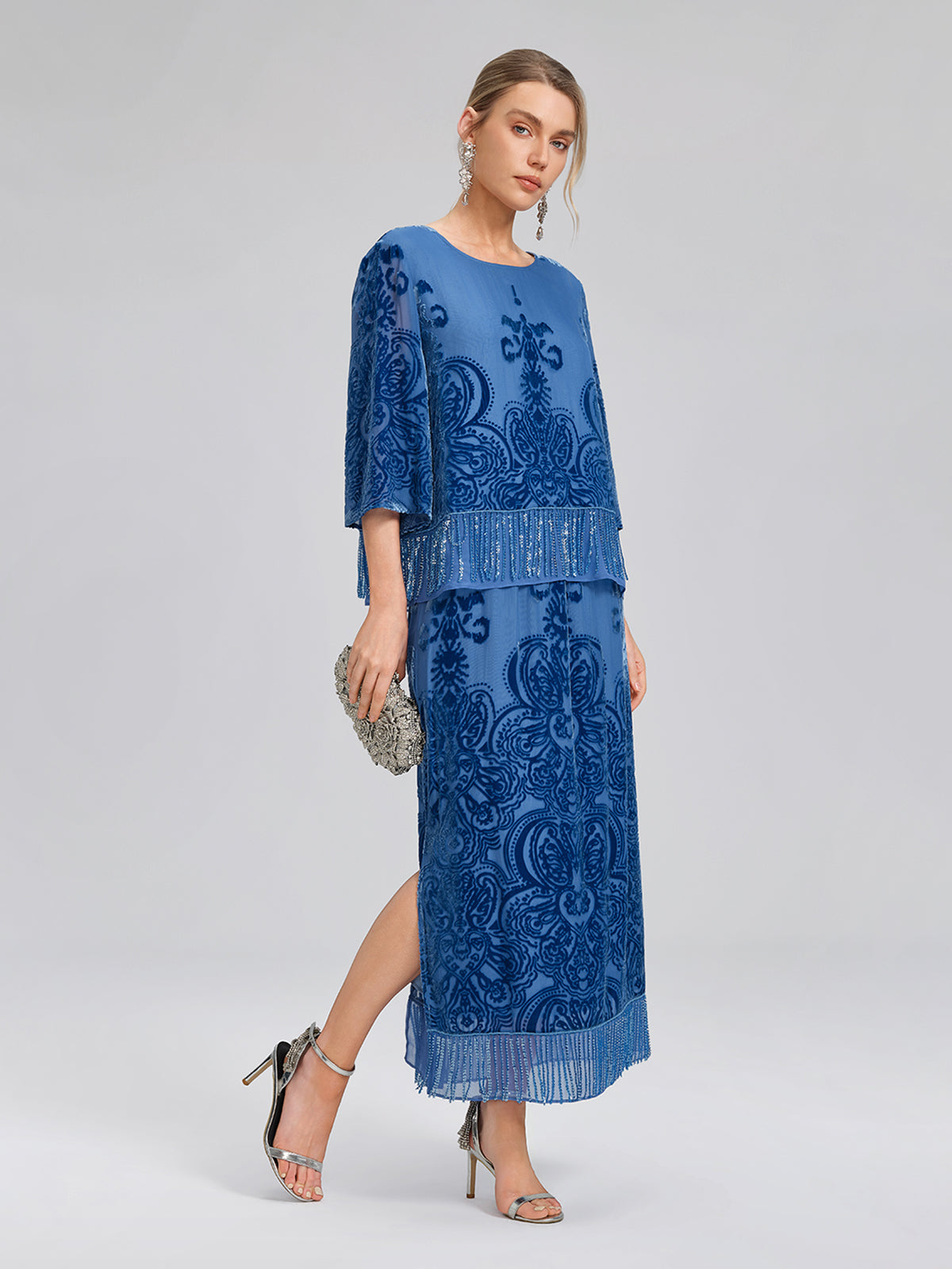Silk Velvet Burnout Fringe Beaded Top