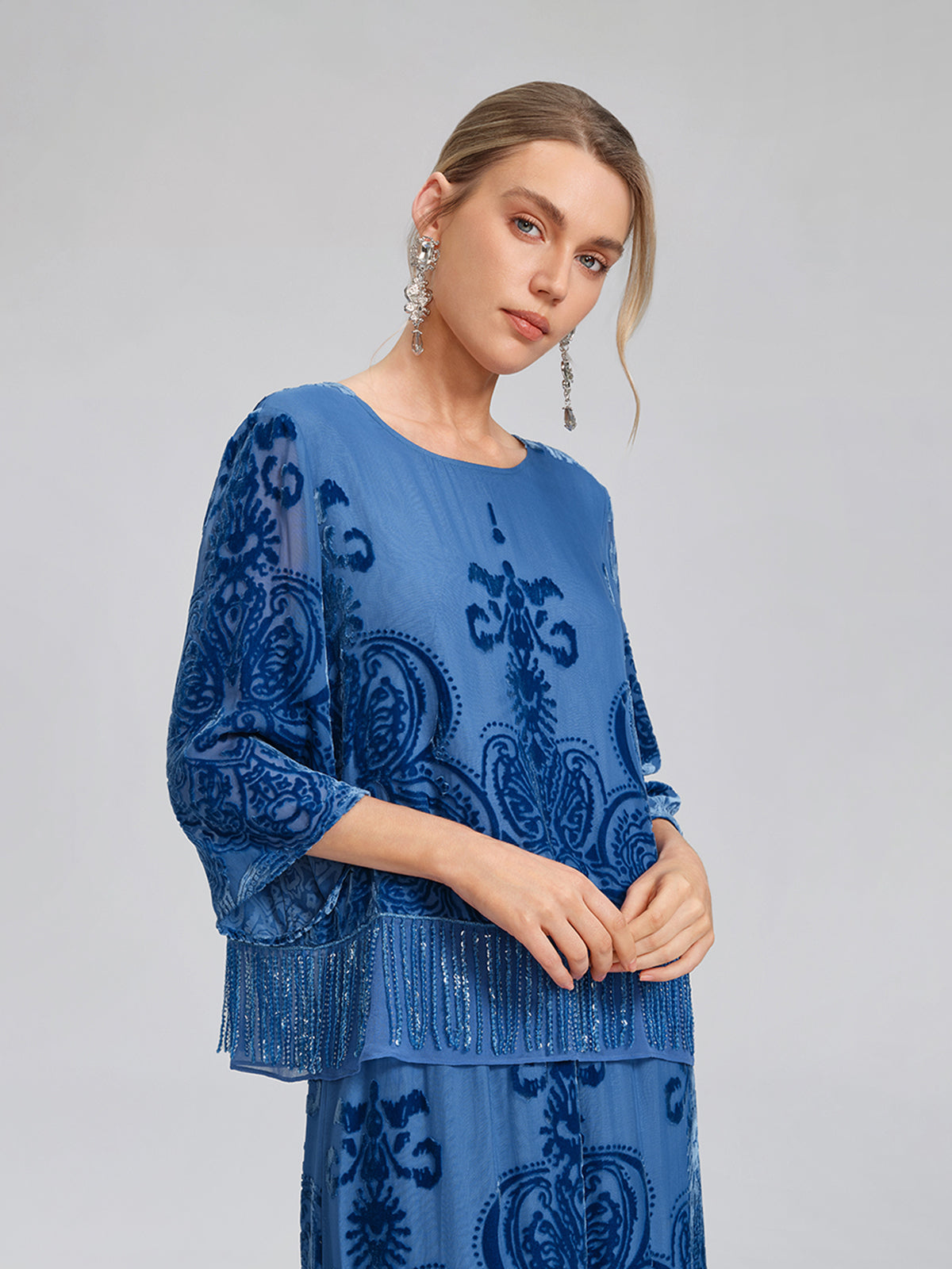 Silk Velvet Burnout Fringe Beaded Top