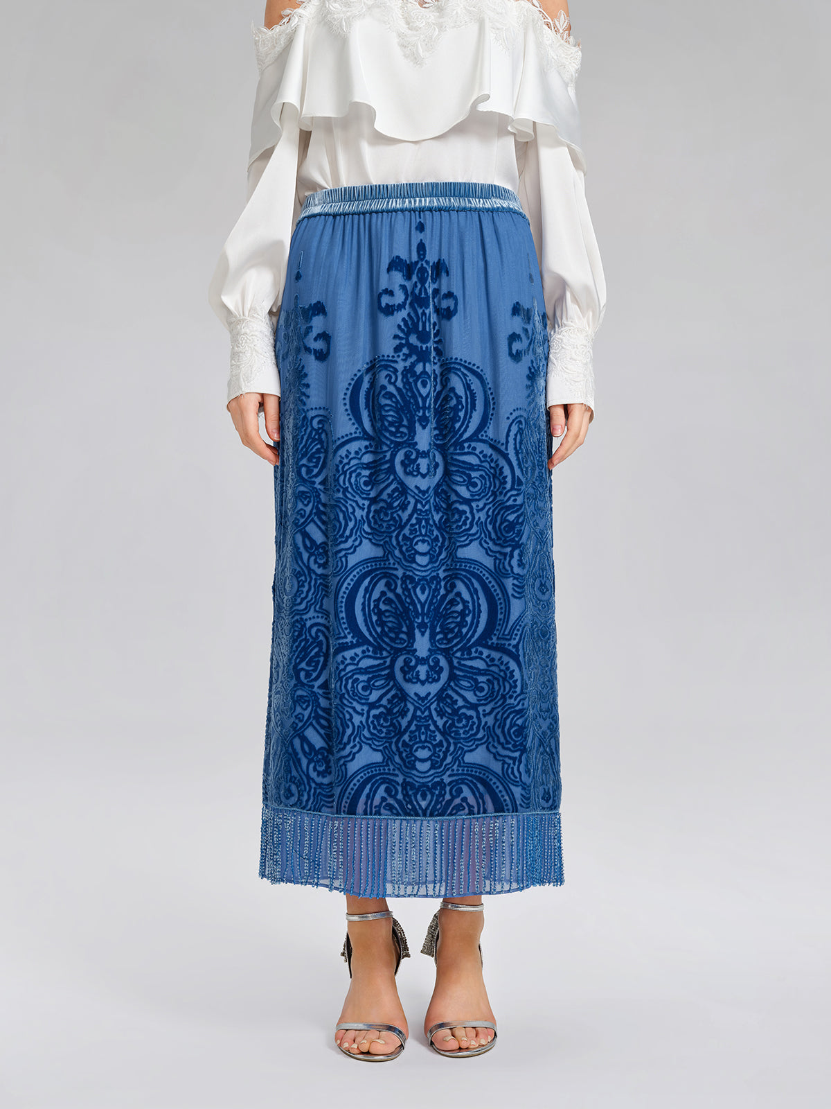 Silk Velvet Burnout Fringe Elasticated Waist Skirt