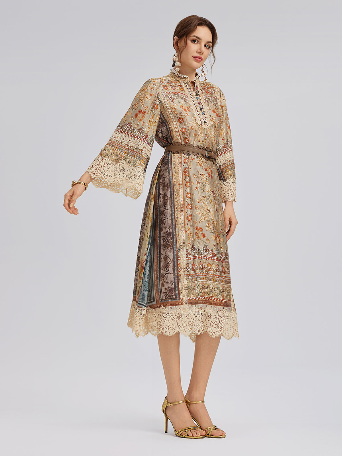 Artistic Botanical Print Lace-Trim Dress (Belt Included)