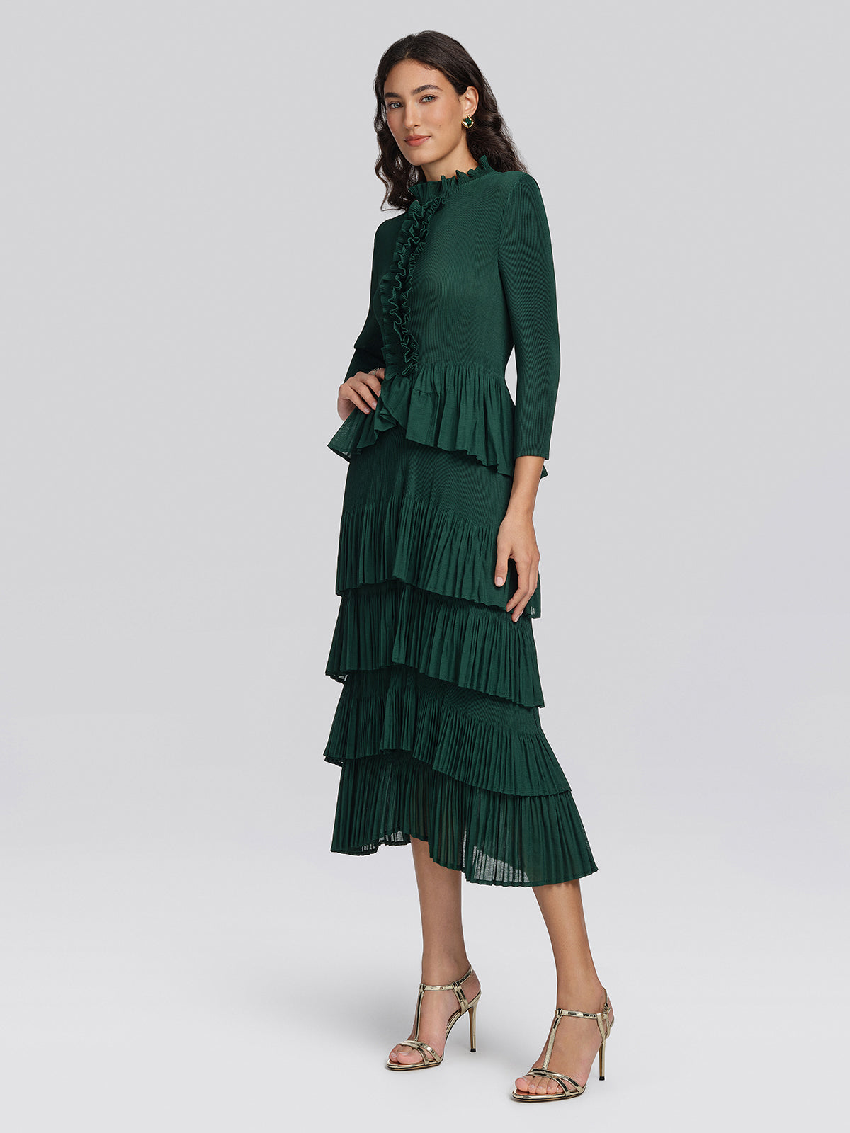 Heat Set Pleated Ruffle Neck Tiered Dress