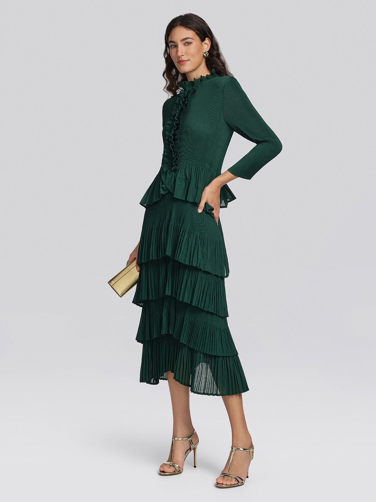Heat Set Pleated Ruffle Neck Tiered Dress
