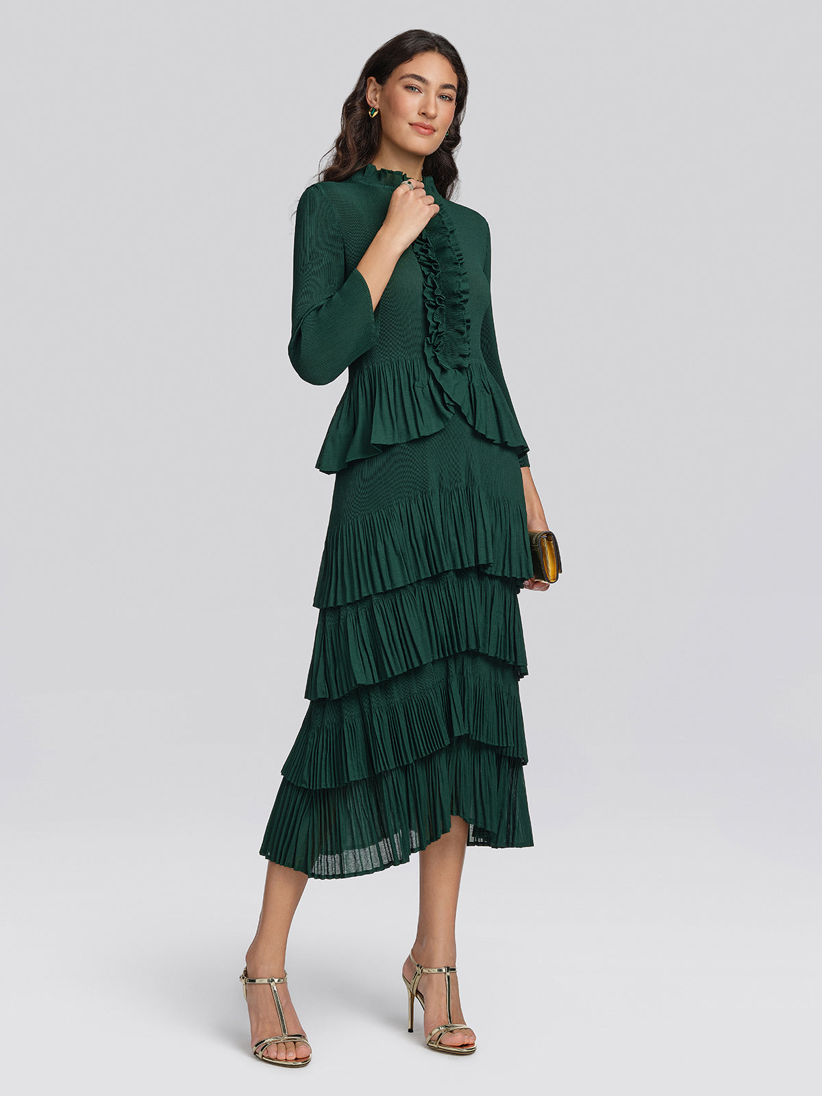 Heat Set Pleated Ruffle Neck Tiered Dress
