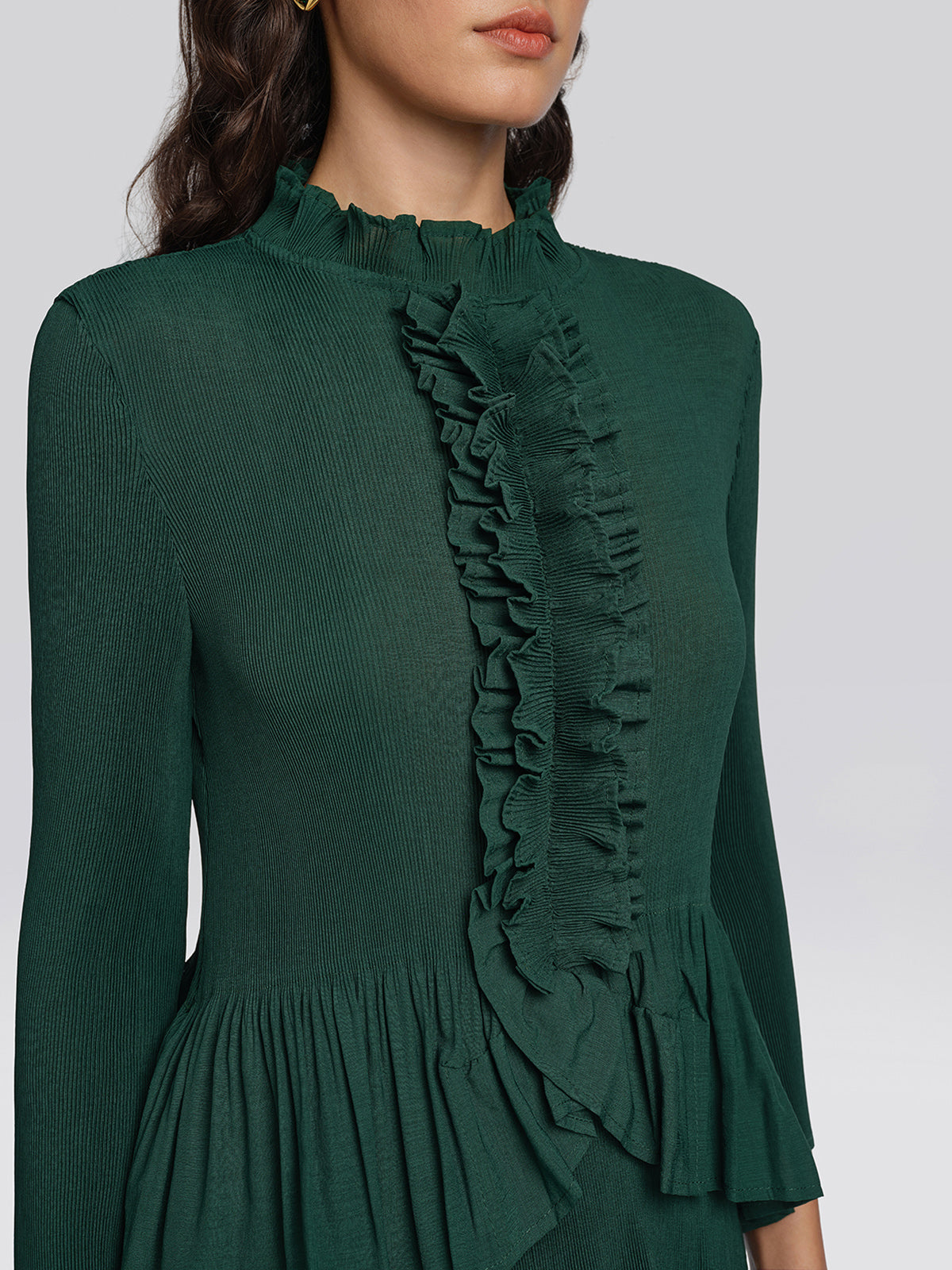 Heat Set Pleated Ruffle Neck Tiered Dress