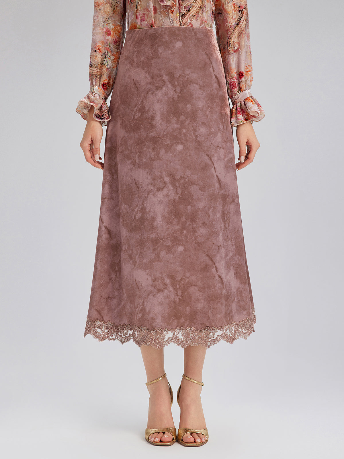 Chestnut Velvet Lace-Trim Fishtail Skirt