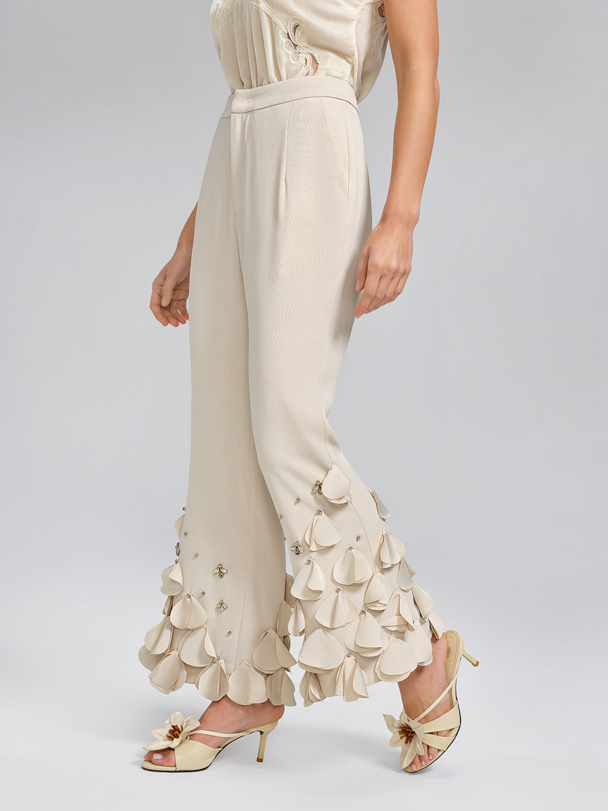 Hand-Sewn Beaded Sculptural Floral Trousers