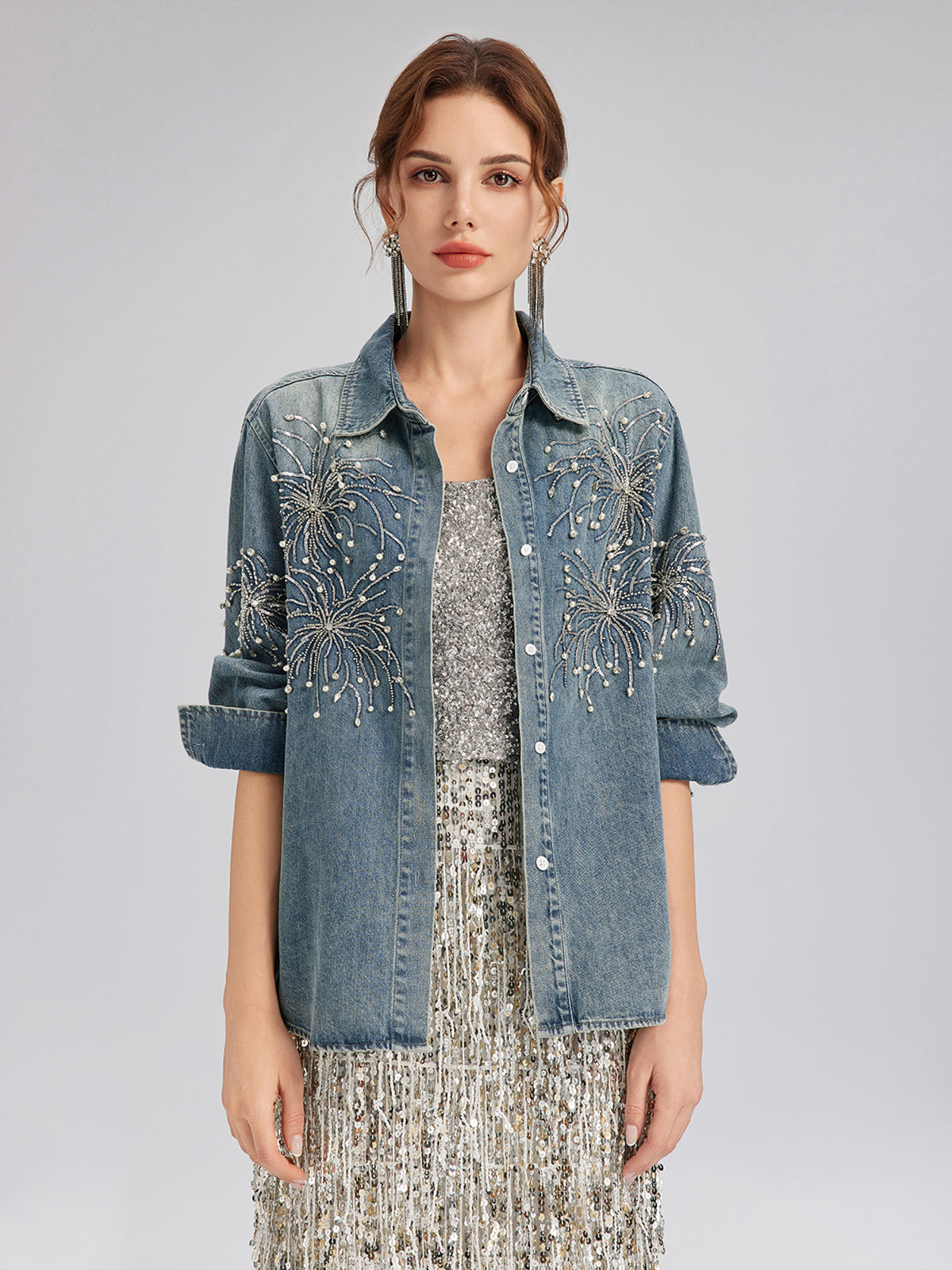 Hand-Beaded Embroidered Denim Shirt