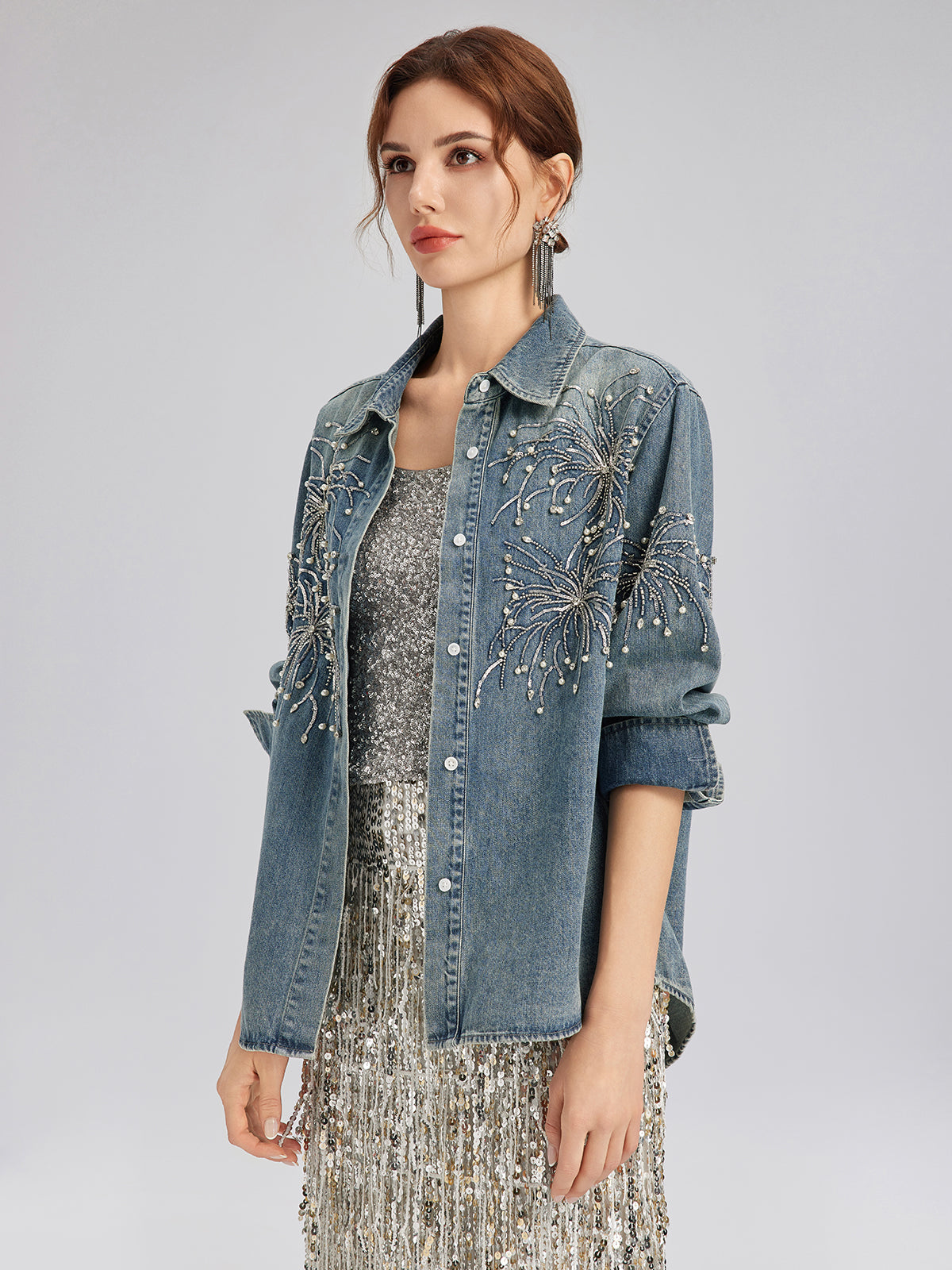 Hand-Beaded Embroidered Denim Shirt