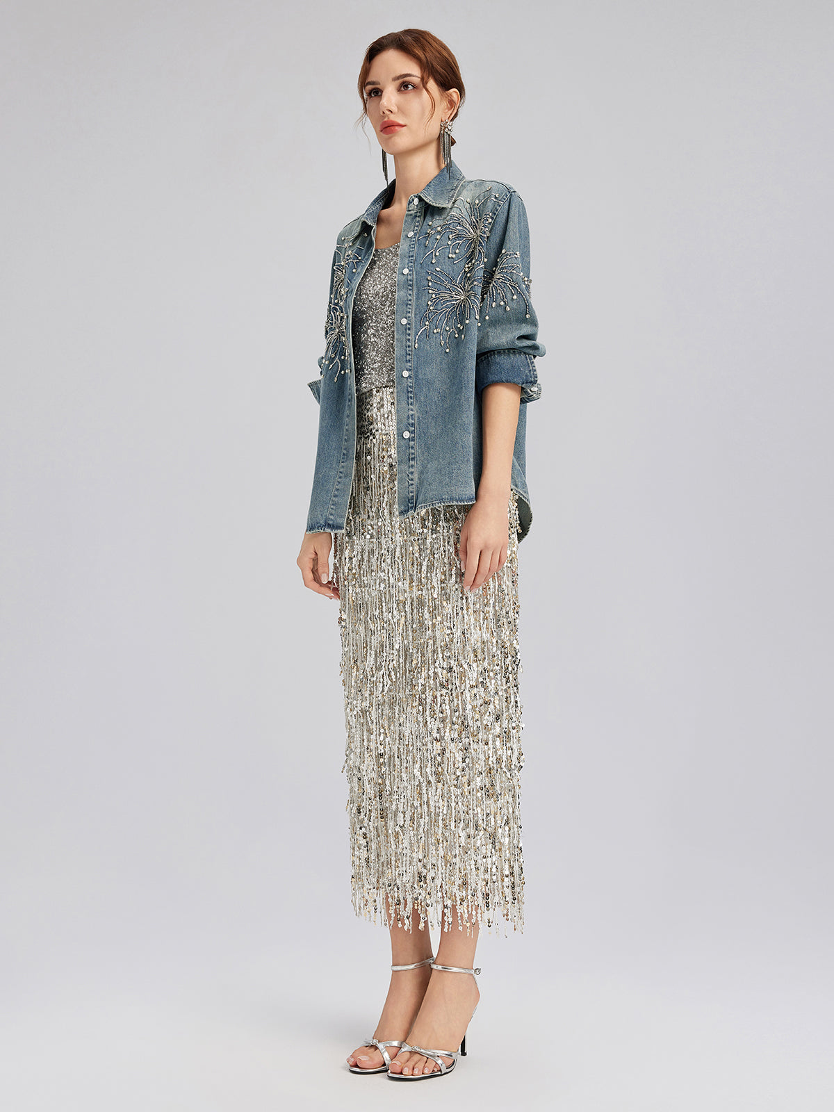 Hand-Beaded Embroidered Denim Shirt