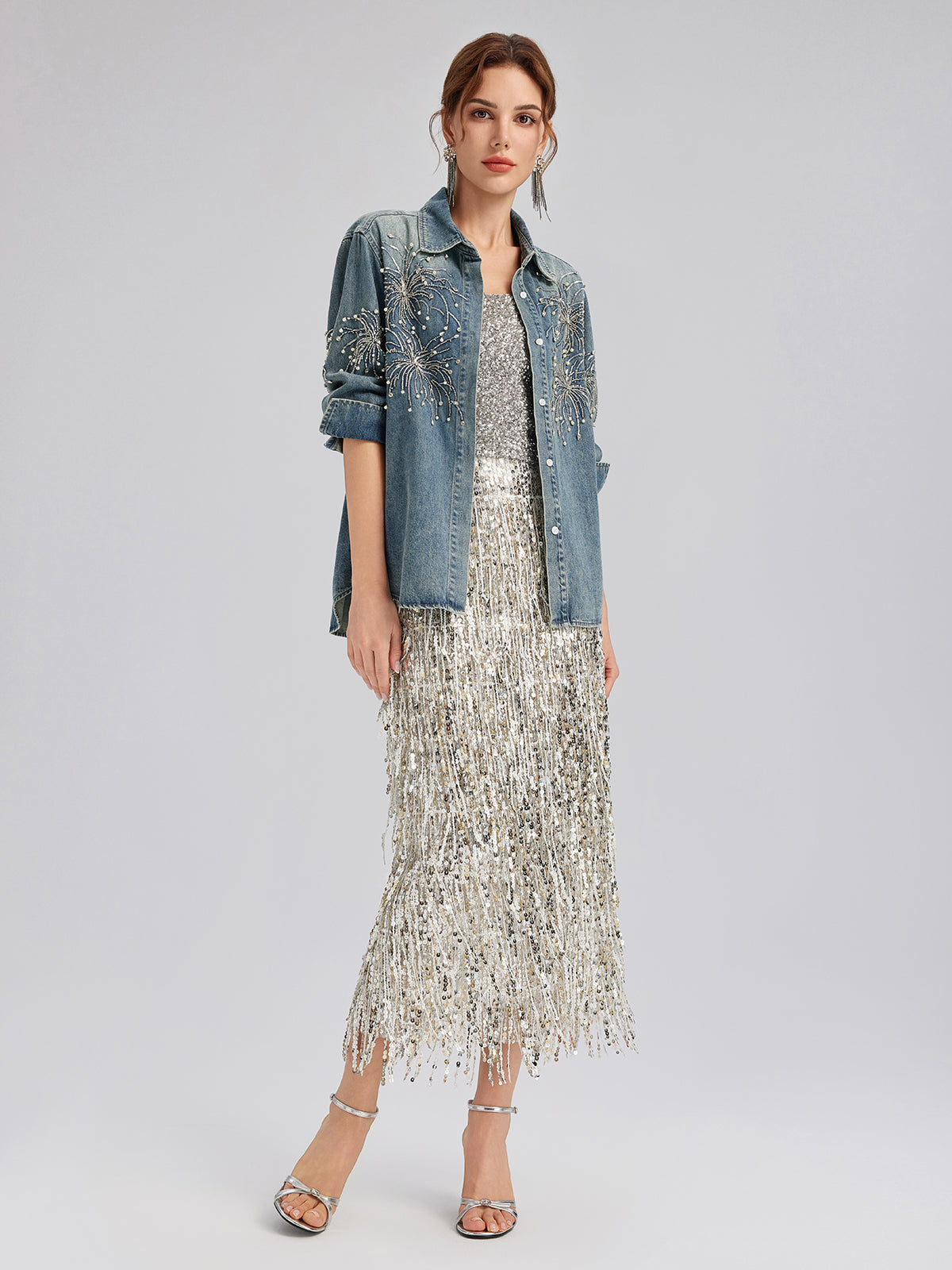 Hand-Beaded Embroidered Denim Shirt
