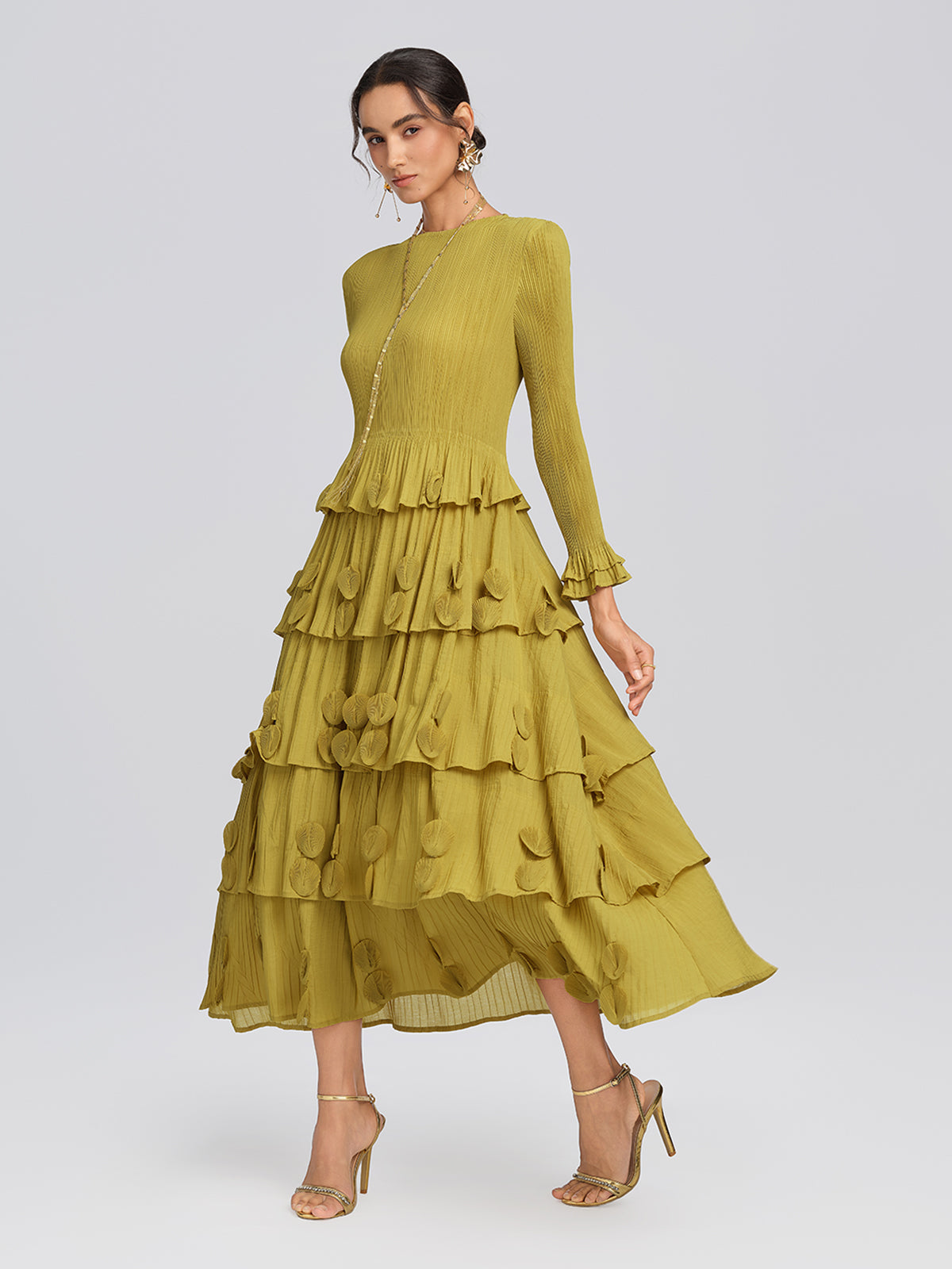 Textured Pleated Embellished Tiered Dress