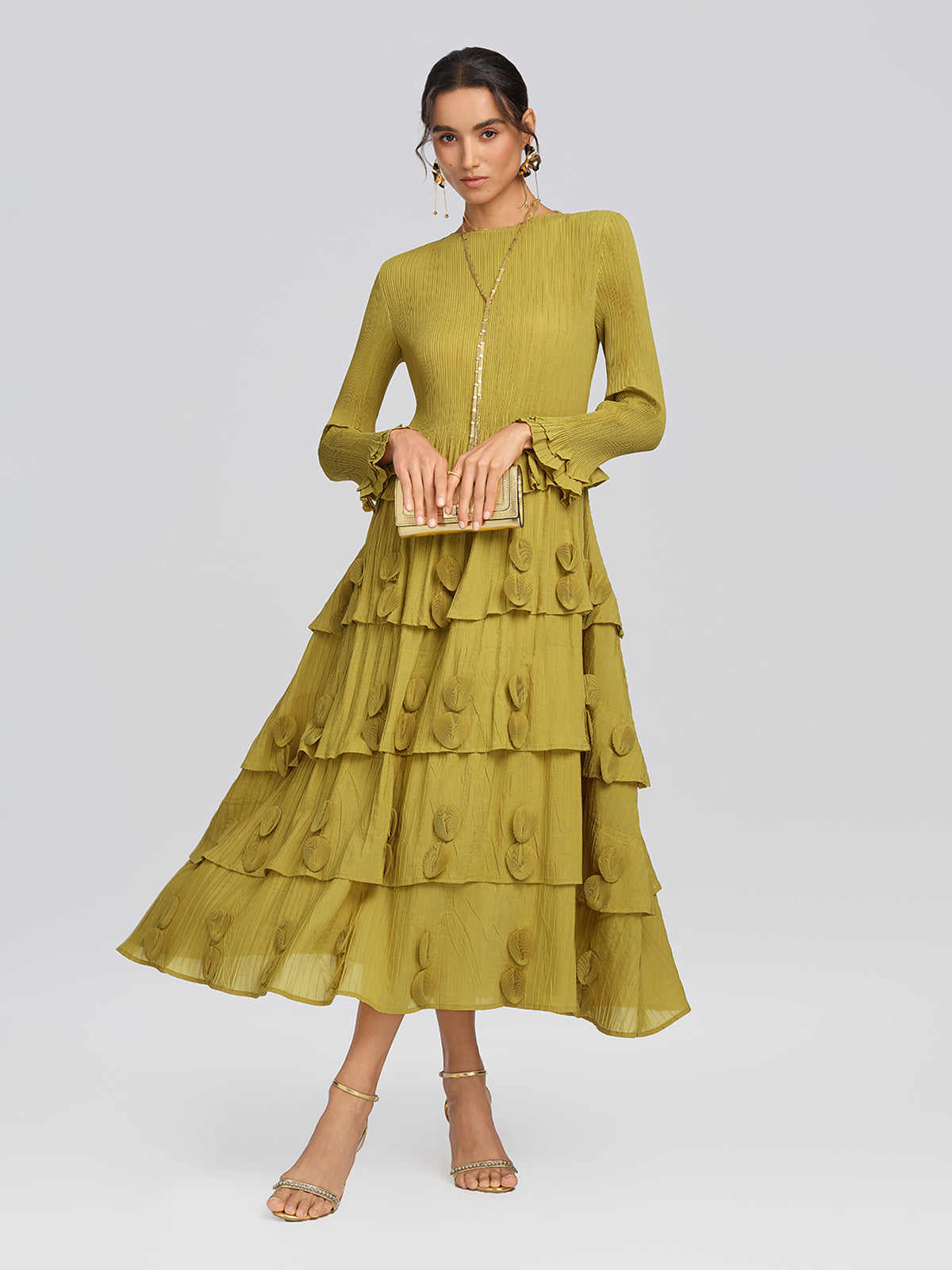 Textured Pleated Embellished Tiered Dress