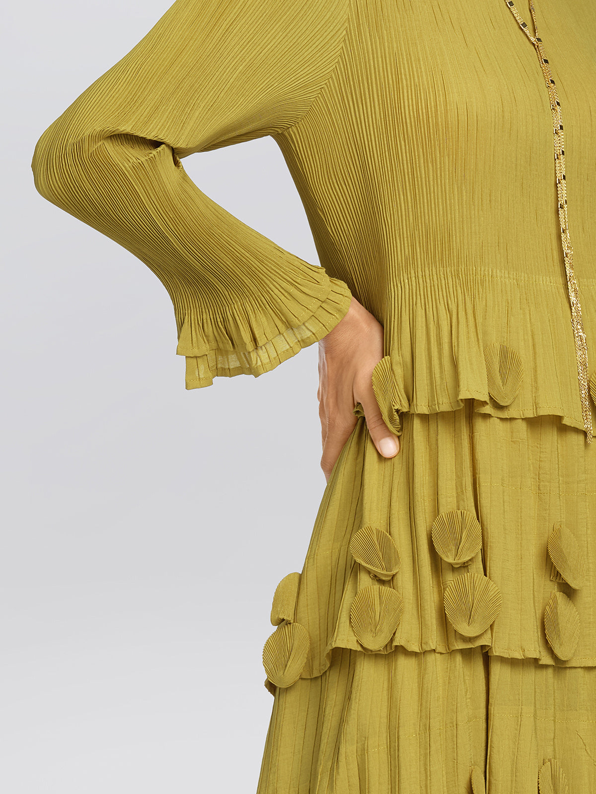 Textured Pleated Embellished Tiered Dress