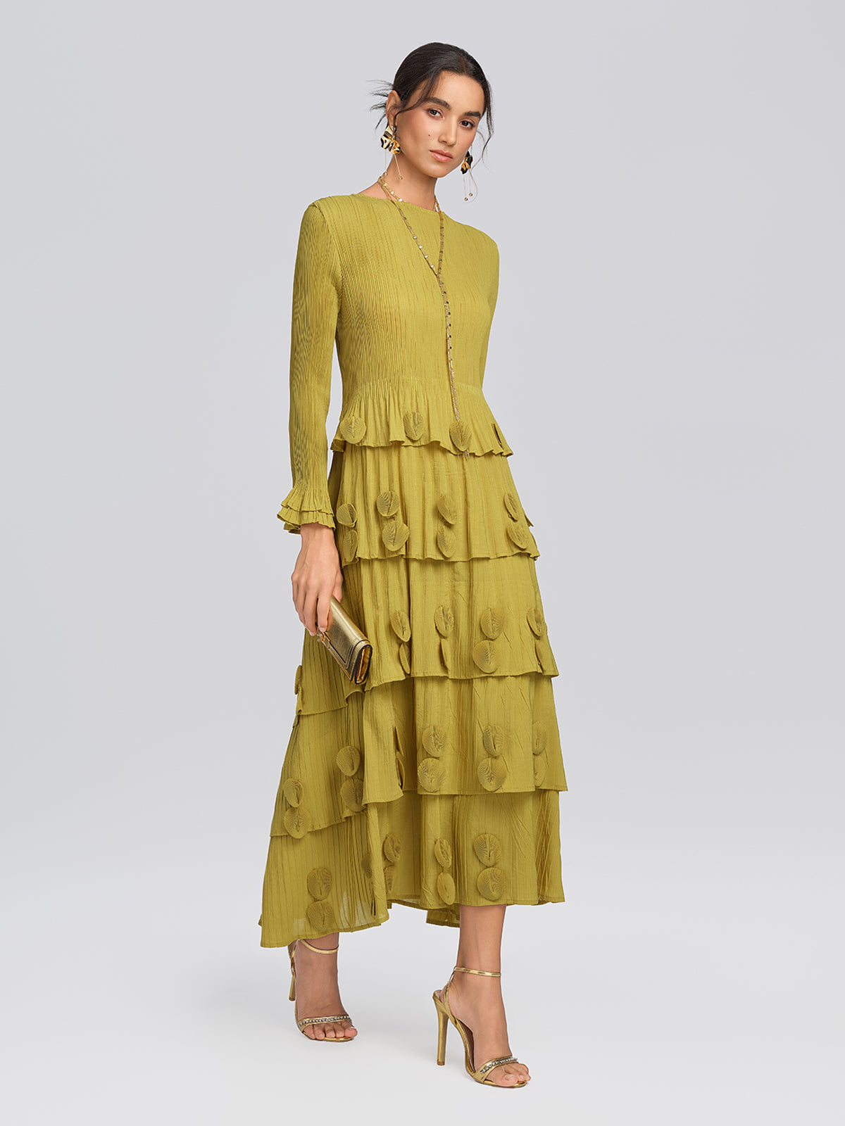 Textured Pleated Embellished Tiered Dress