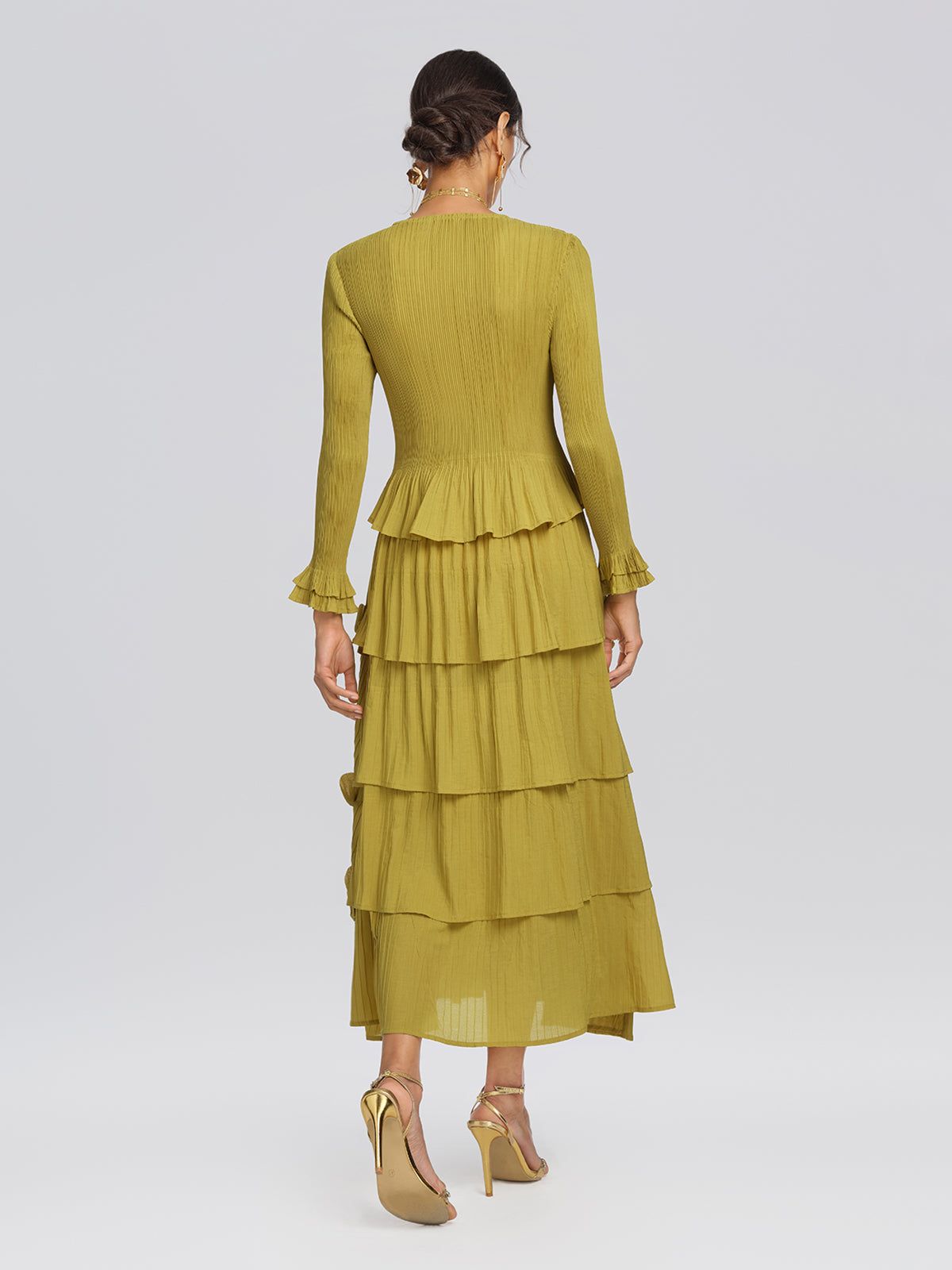 Textured Pleated Embellished Tiered Dress