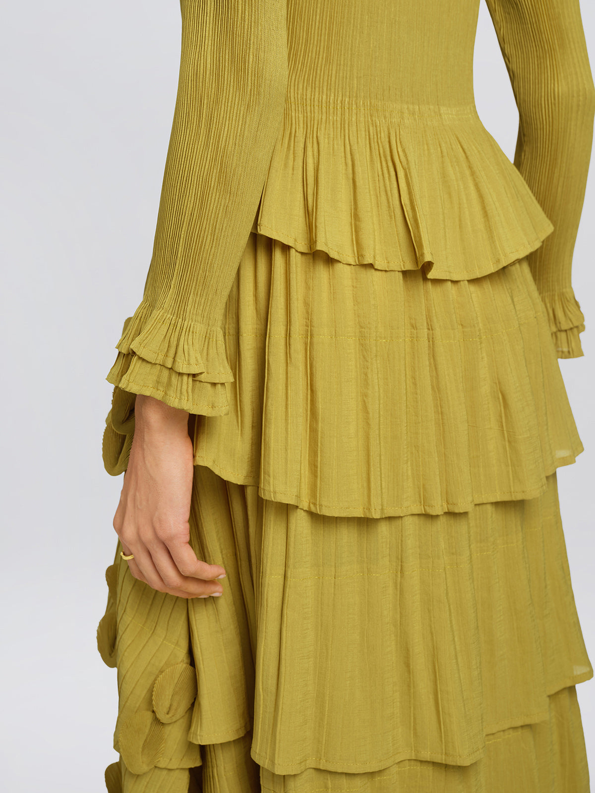 Textured Pleated Embellished Tiered Dress