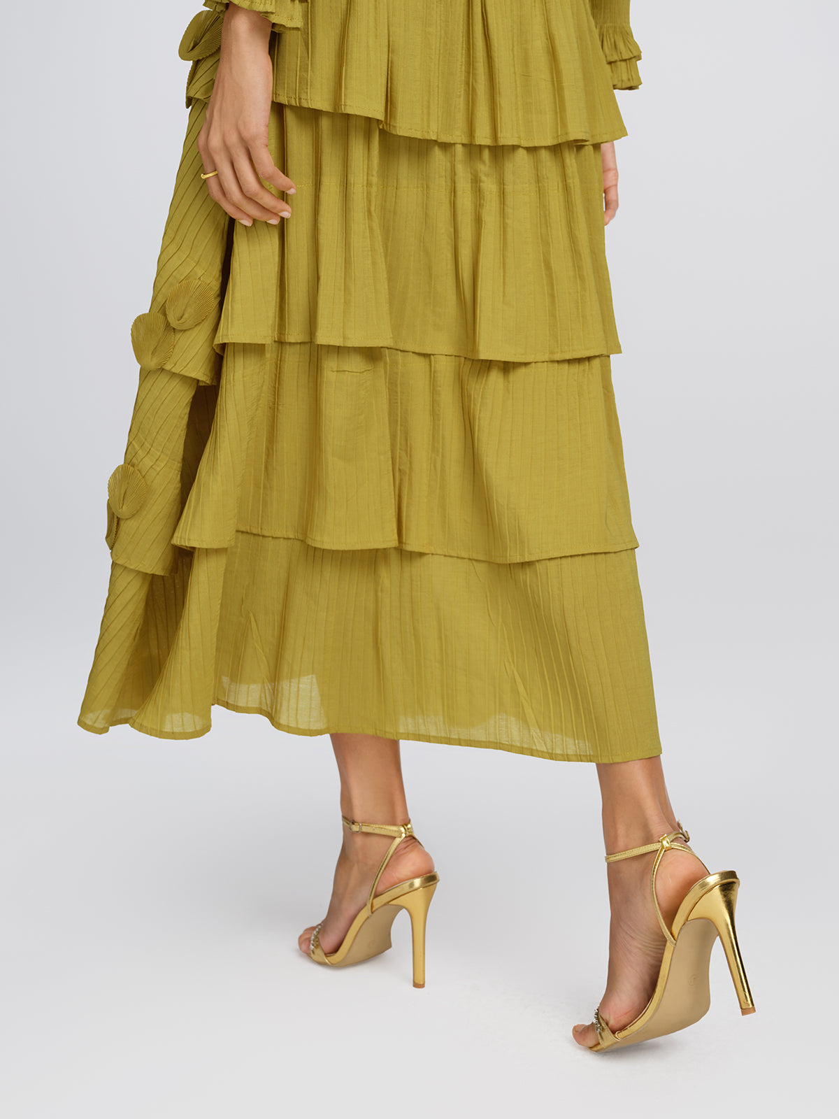 Textured Pleated Embellished Tiered Dress