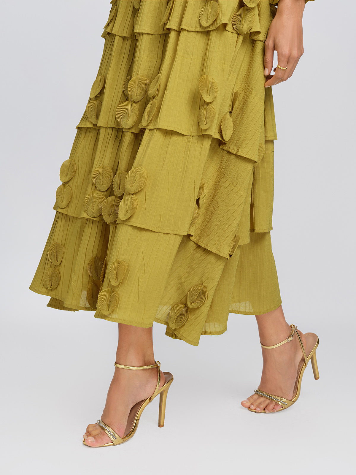 Textured Pleated Embellished Tiered Dress